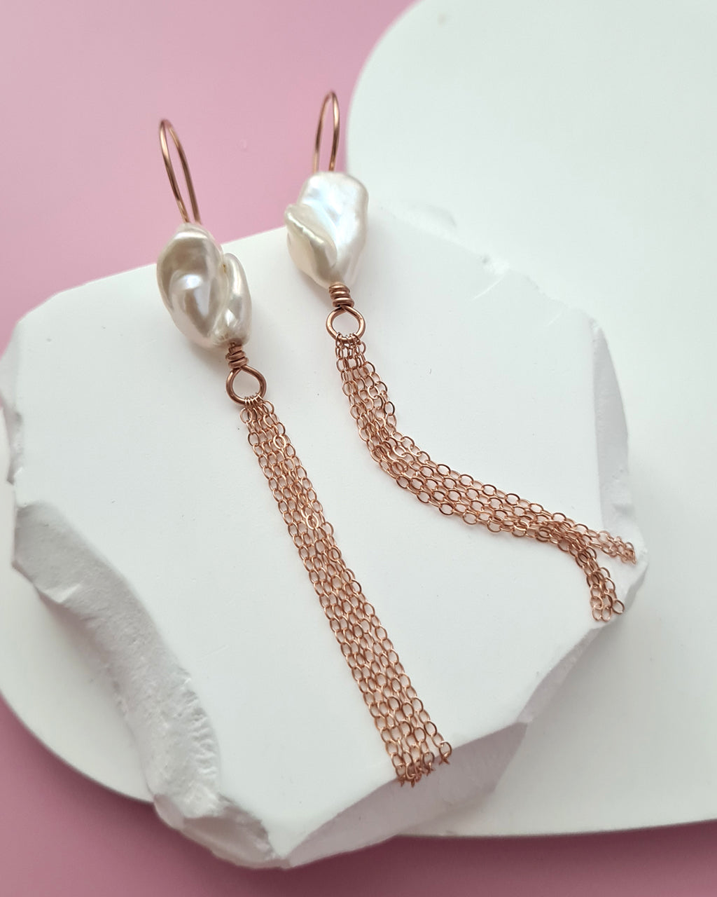 Metallic White Large Baroque Pearl Earrings - Minimalist in Rose Gold