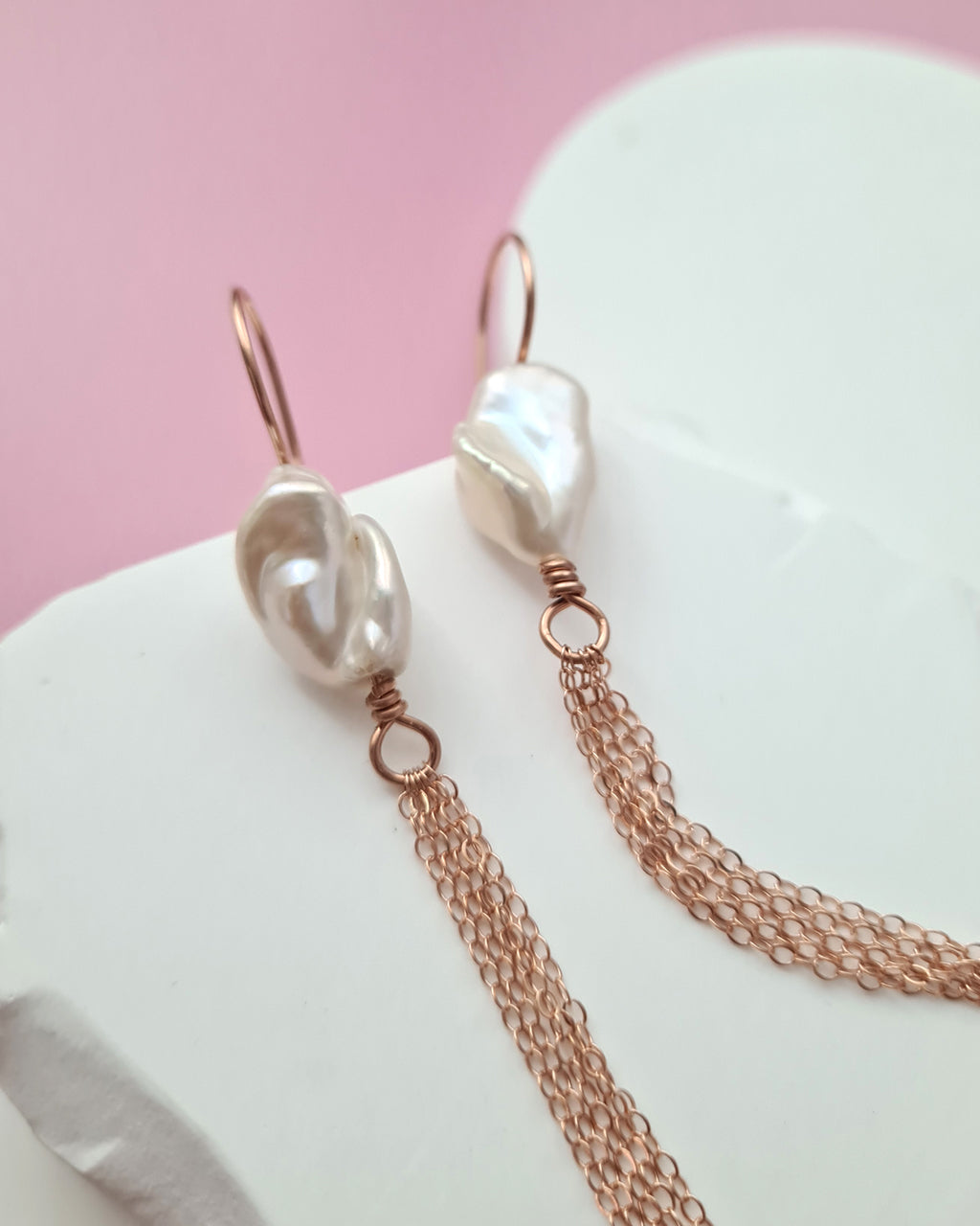 Metallic White Large Baroque Pearl Earrings - Minimalist in Rose Gold