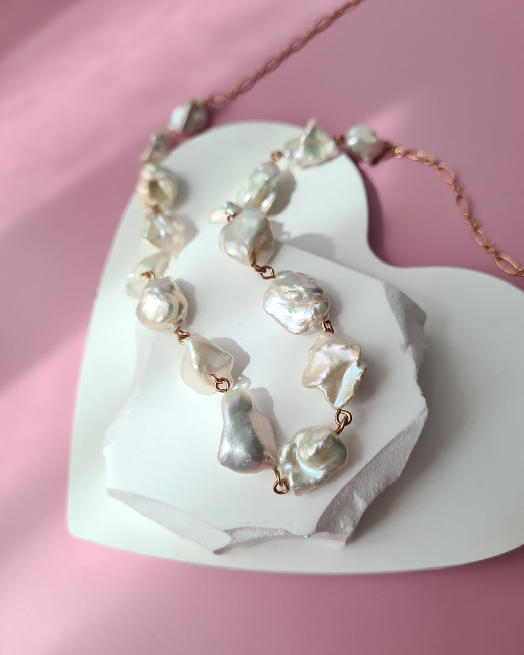 Metallic White Large Baroque Pearl Necklace - Rose Gold