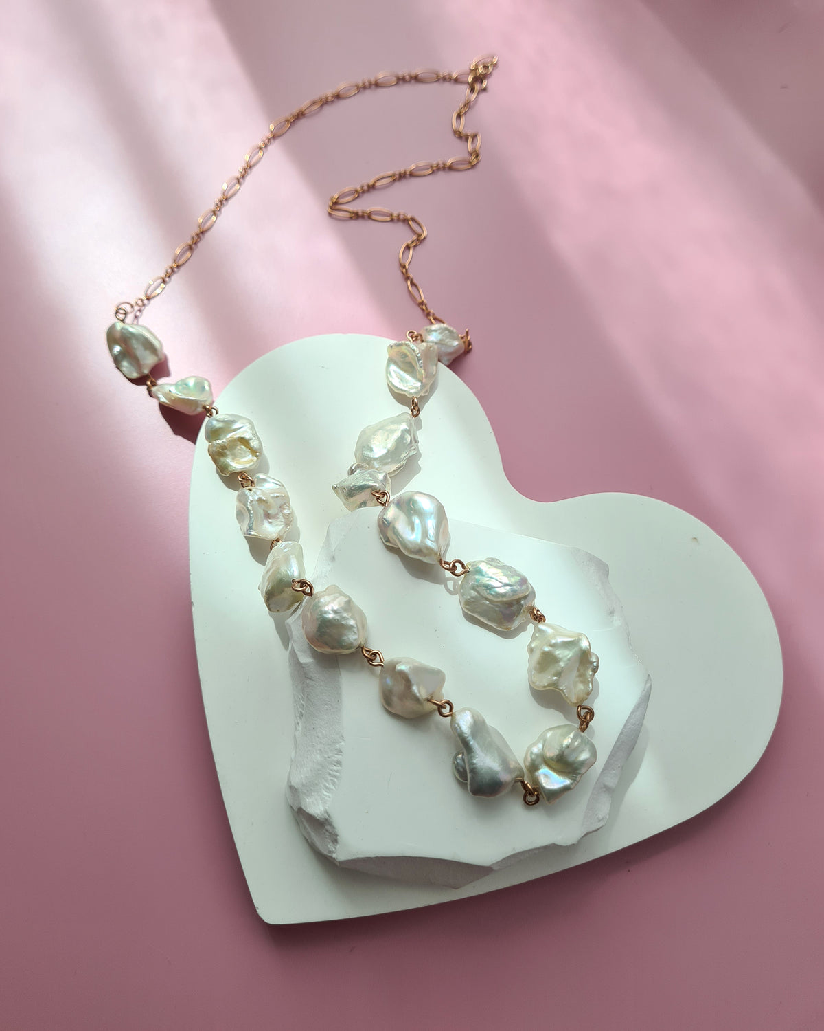 Metallic White Large Baroque Pearl Necklace - Rose Gold