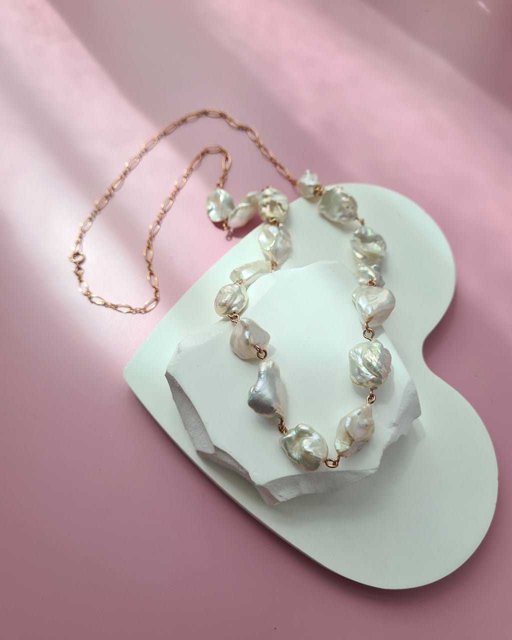 Metallic White Large Baroque Pearl Necklace - Rose Gold