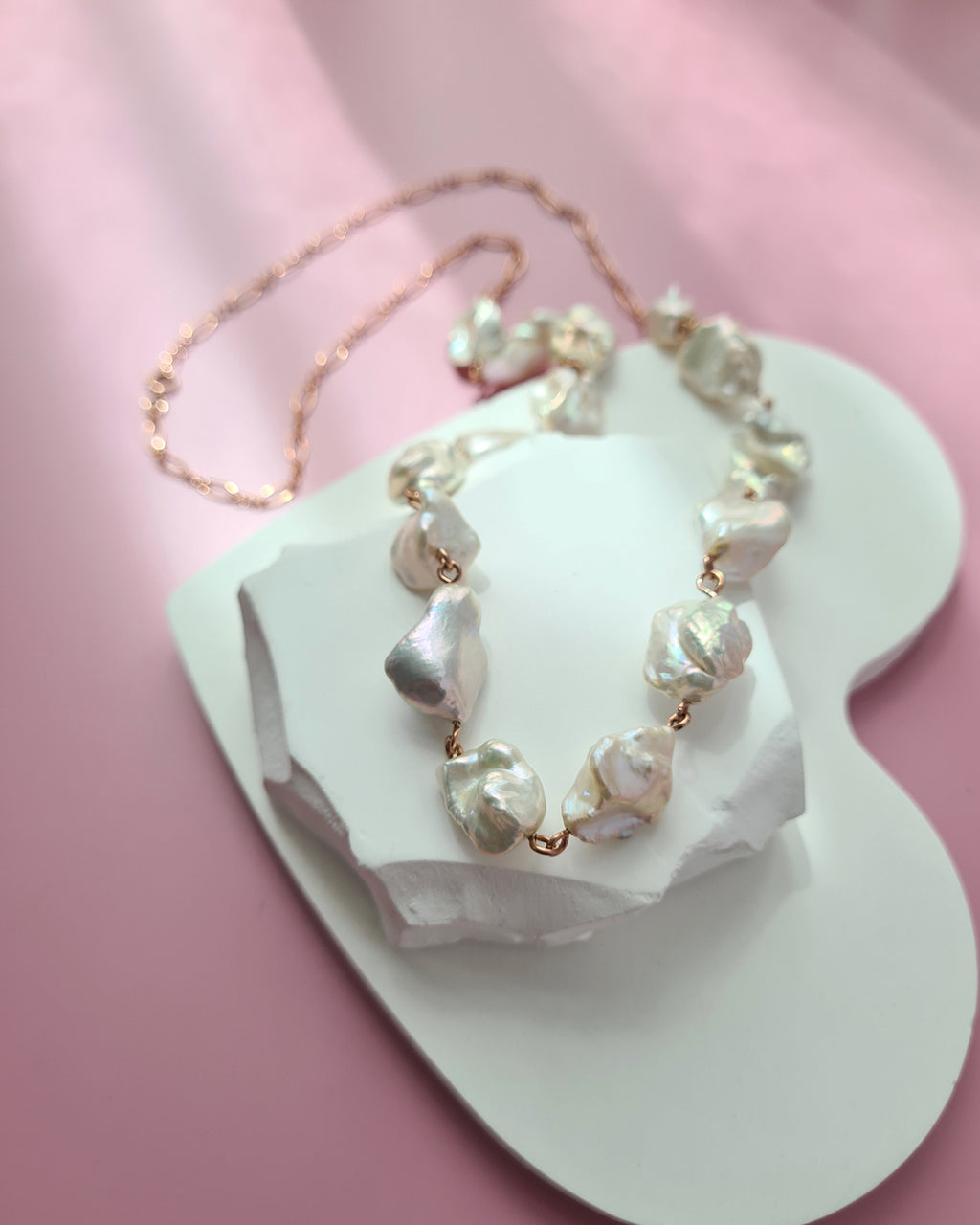 Metallic White Large Baroque Pearl Necklace - Rose Gold