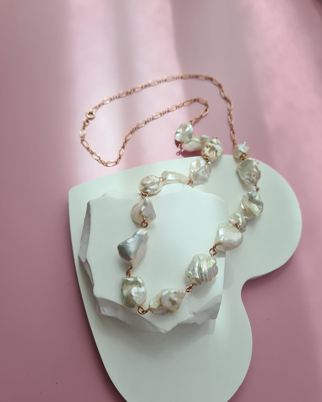 Metallic White Large Baroque Pearl Necklace - Rose Gold