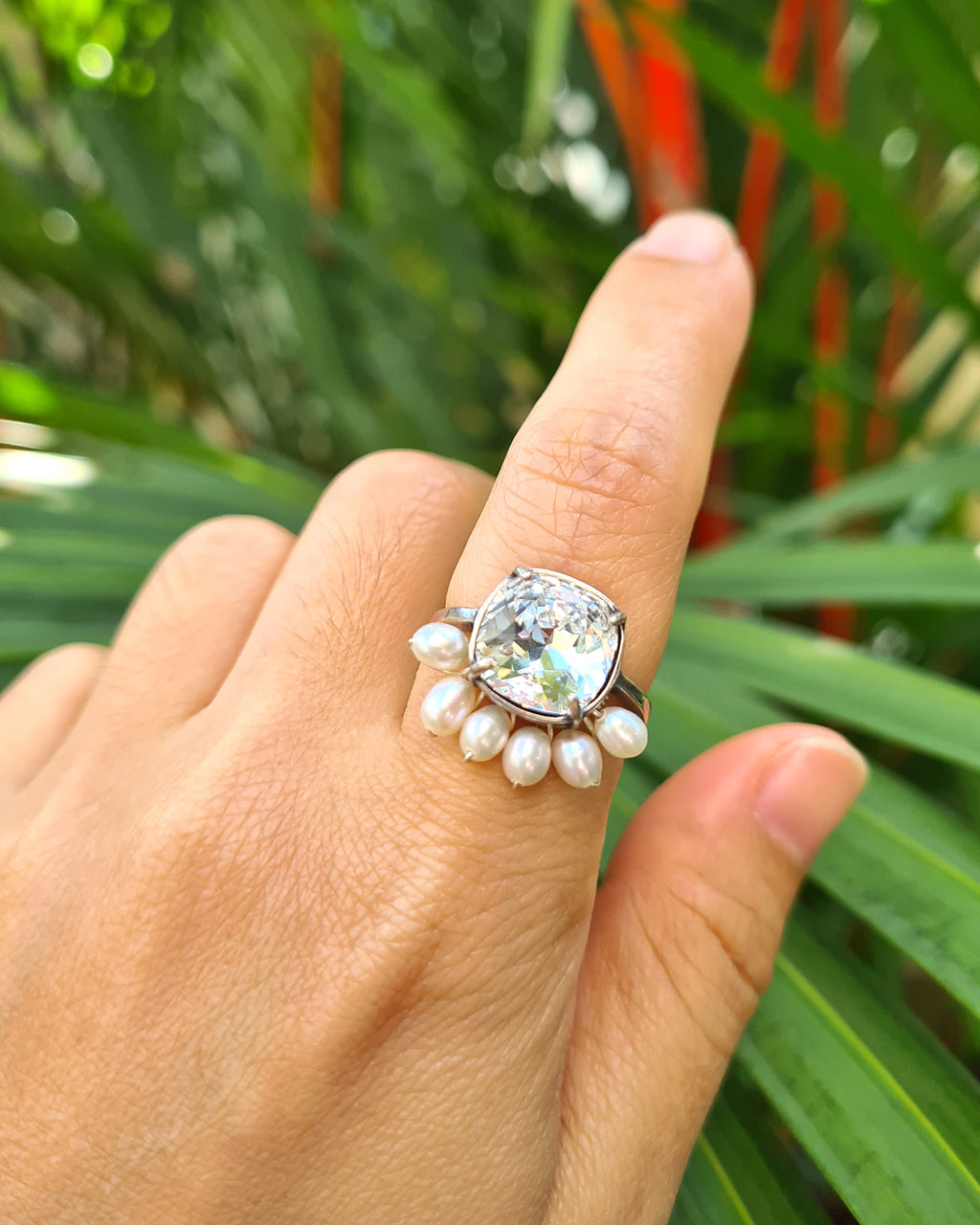 Pearl Cocktail Adjustable Ring with White Cushion Cut Crystal | Boho Vintage Bridal Shower Gifts
