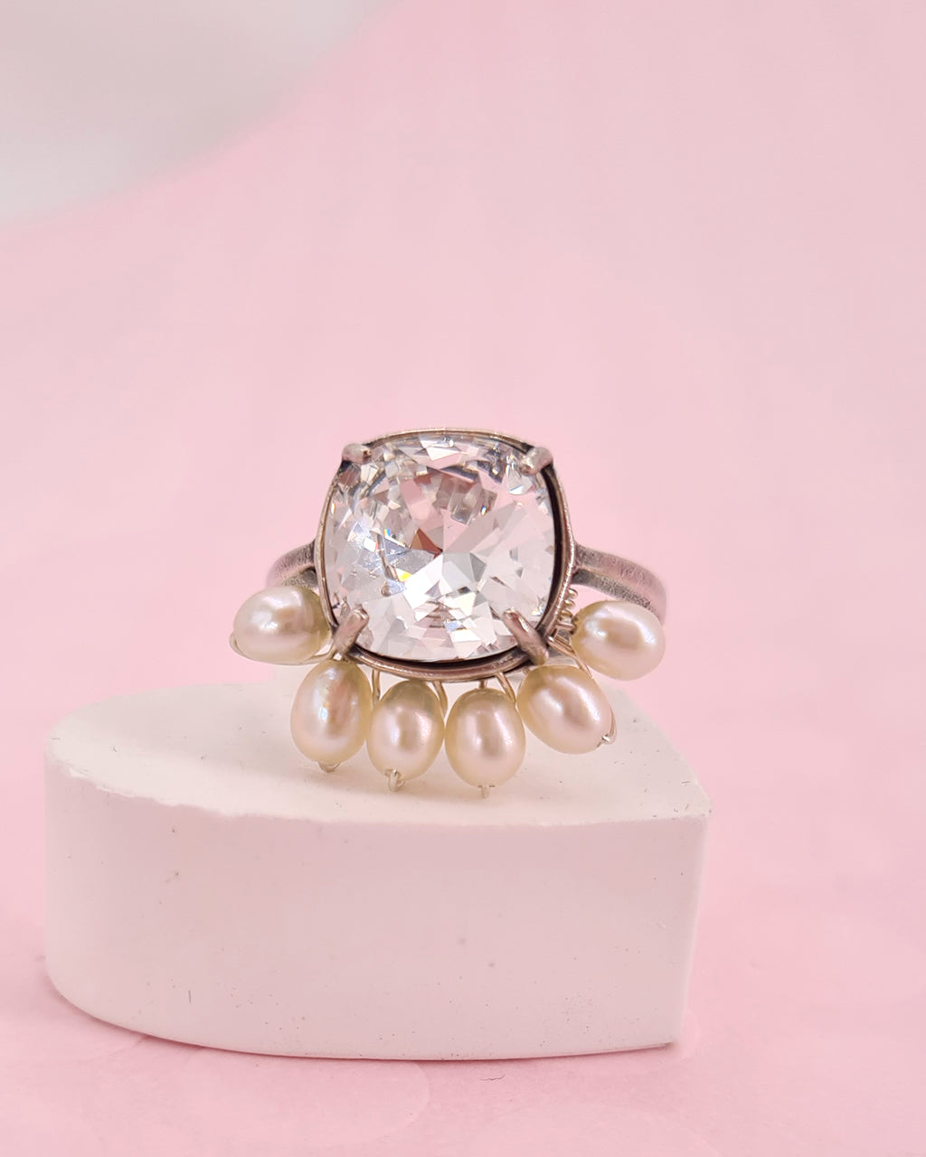 Pearl Cocktail Adjustable Ring with White Cushion Cut Crystal | Boho Vintage Bridal Shower Gifts