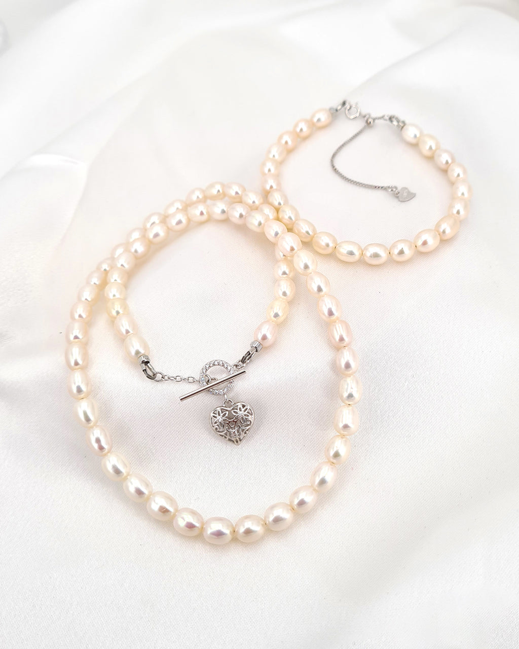 White Freshwater Pearl Necklace with Heart Toggle Clasp | Pearl Necklace and Bracelet Jewelry Set
