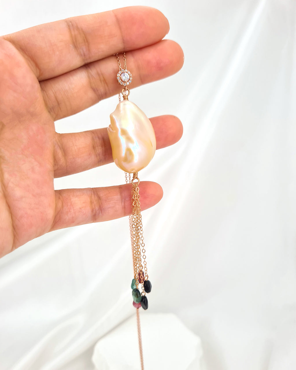 Baroque Pearl Tassel Necklace Rose Gold Filled Pearl and Gemstone Necklace