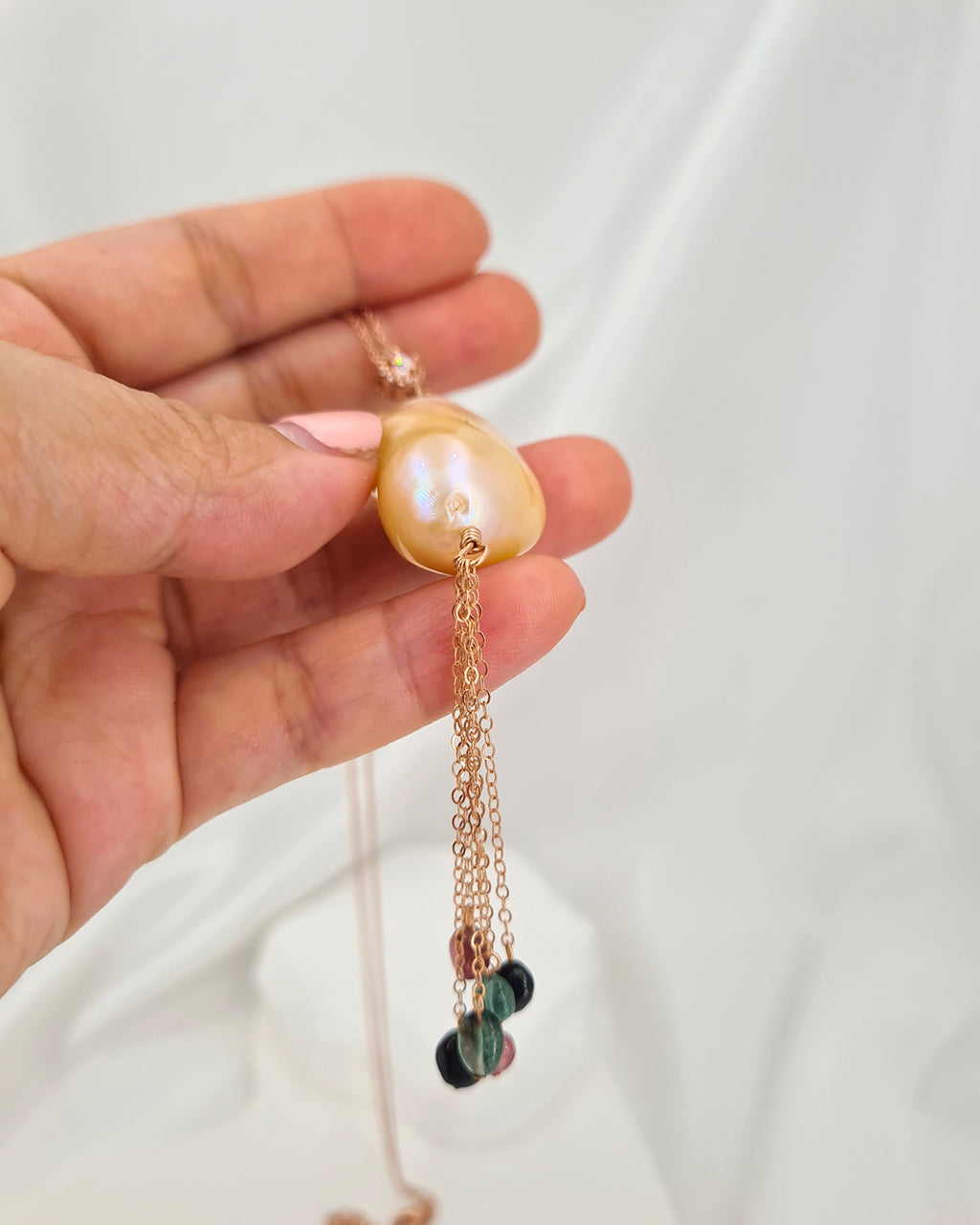 Baroque Pearl Tassel Necklace Rose Gold Filled Pearl and Gemstone Necklace