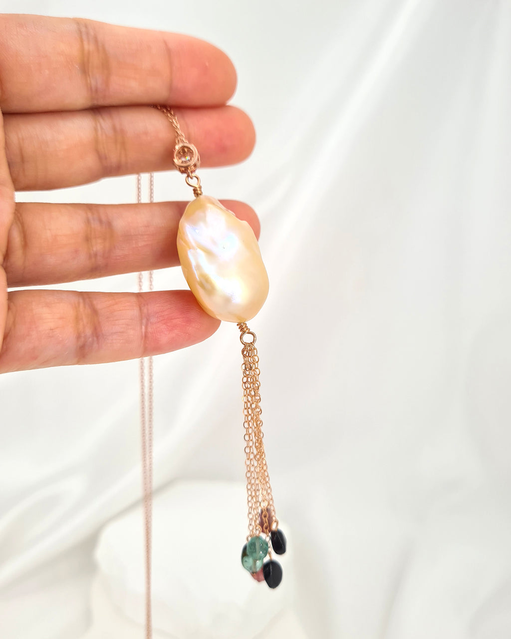 Baroque Pearl Tassel Necklace Rose Gold Filled Pearl and Gemstone Necklace