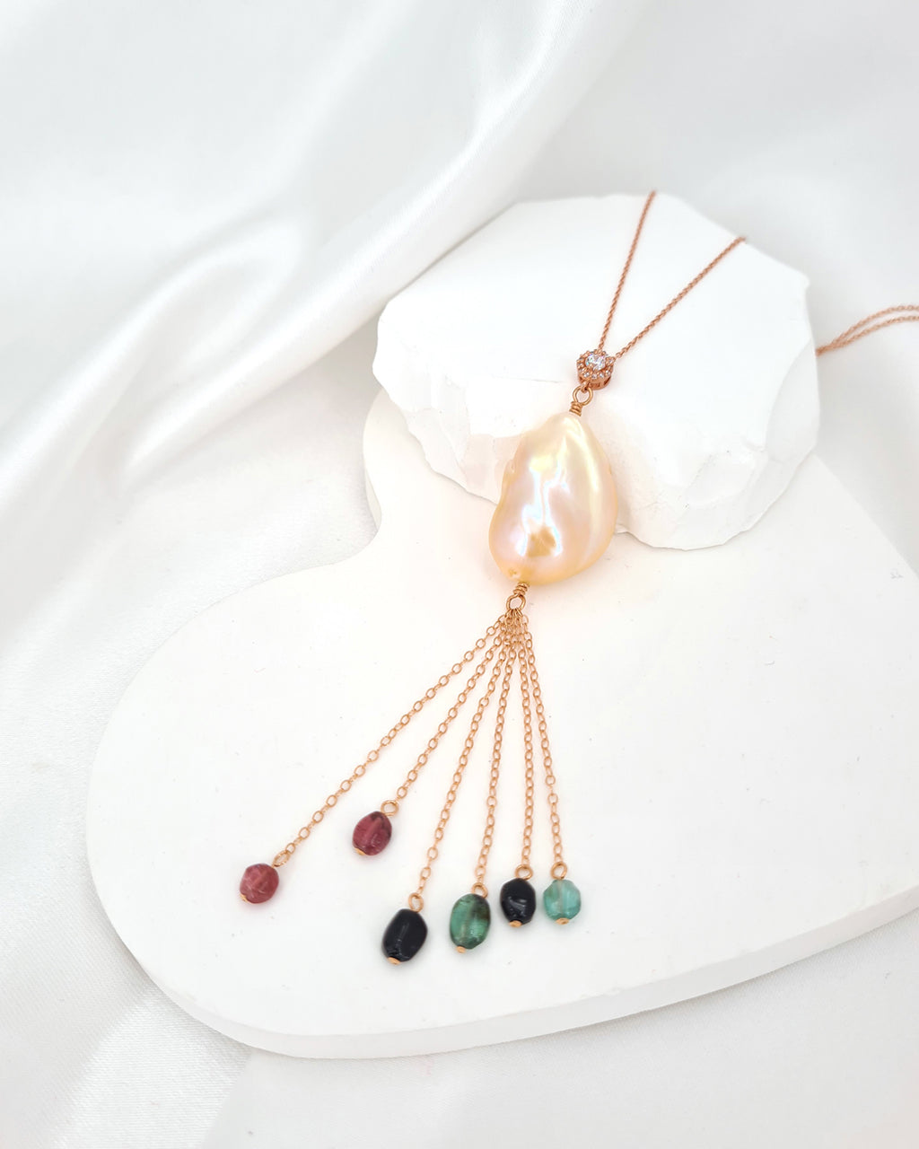 Baroque Pearl Tassel Necklace Rose Gold Filled Pearl and Gemstone Necklace