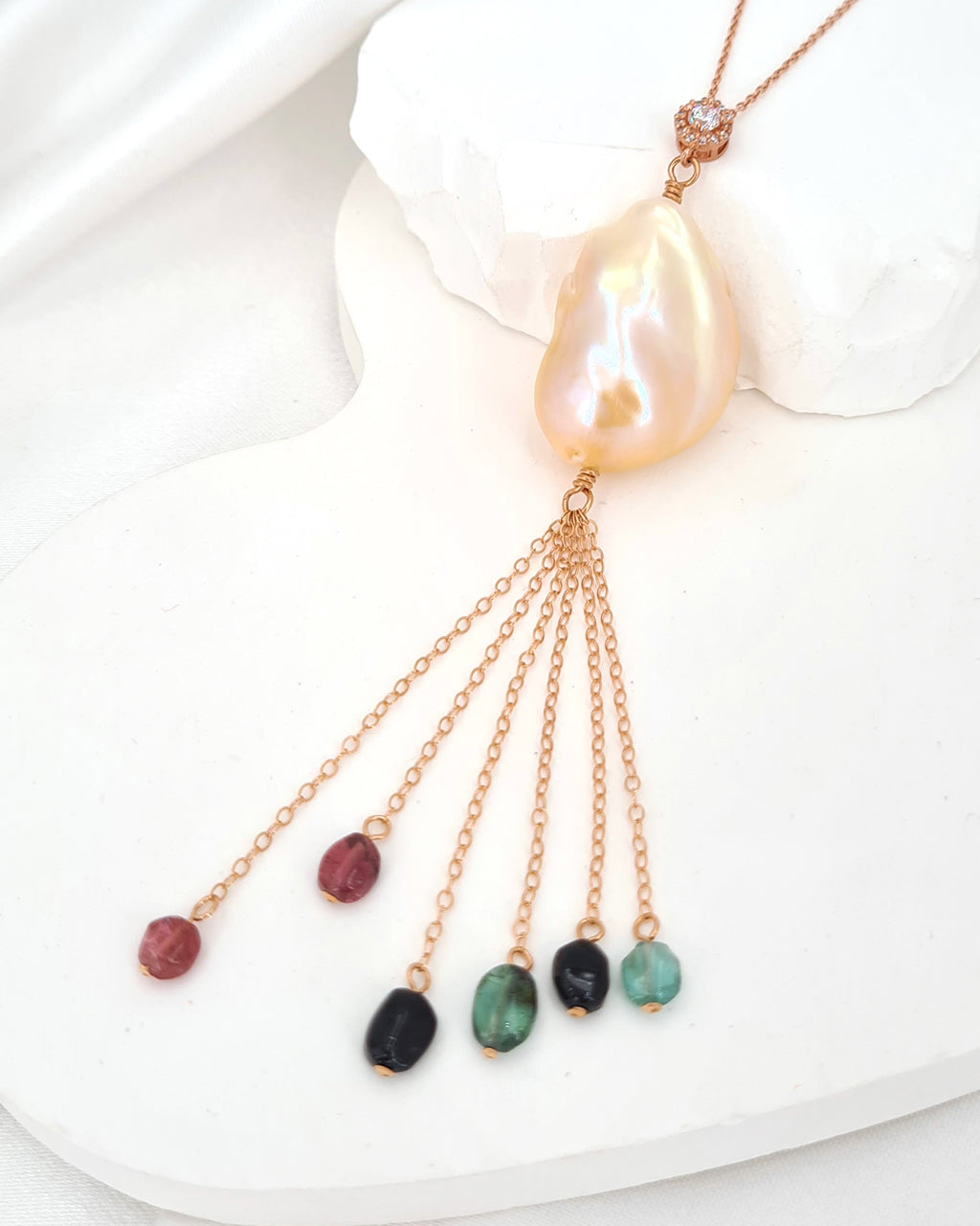 Baroque Pearl Tassel Necklace Rose Gold Filled Pearl and Gemstone Necklace