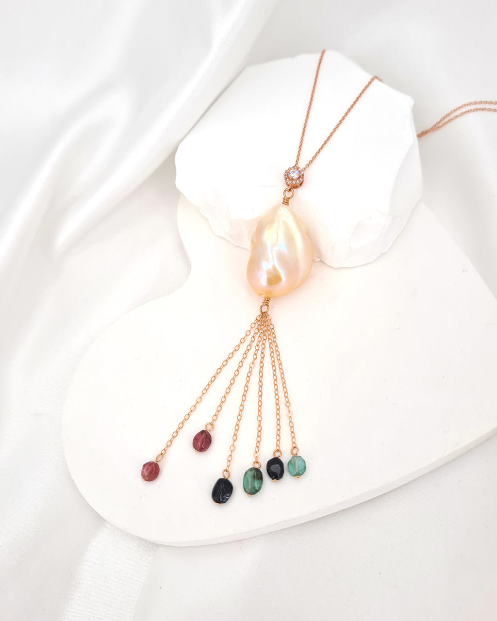 Baroque Pearl Tassel Necklace Rose Gold Filled Pearl and Gemstone Necklace