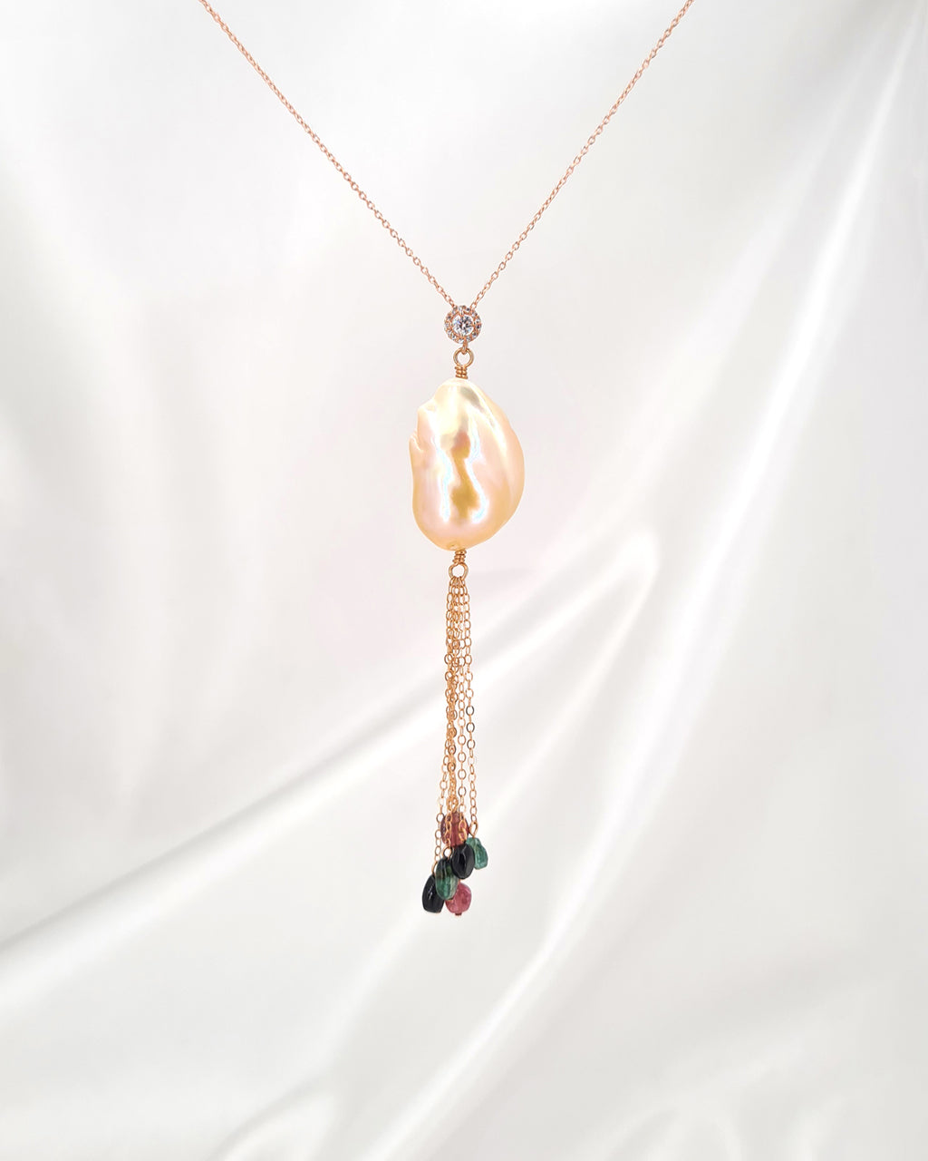 Baroque Pearl Tassel Necklace Rose Gold Filled Pearl and Gemstone Necklace