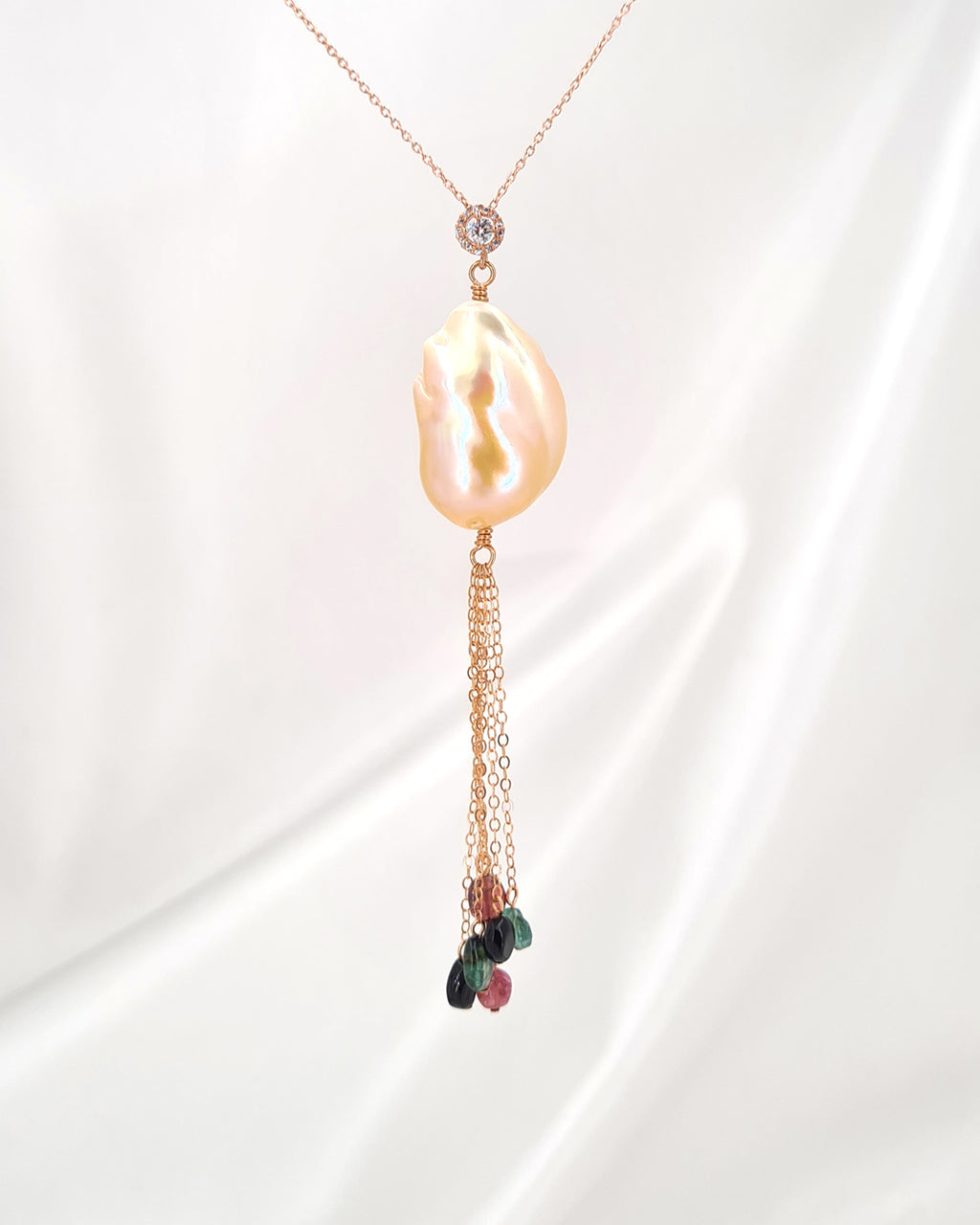 Baroque Pearl Tassel Necklace Rose Gold Filled Pearl and Gemstone Necklace