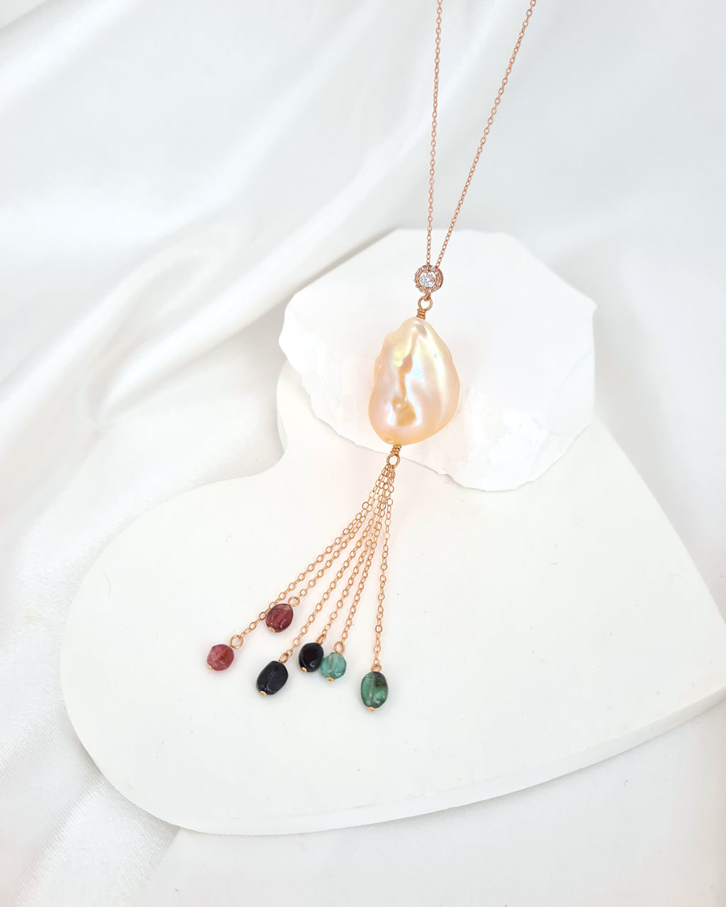 Baroque Pearl Tassel Necklace Rose Gold Filled Pearl and Gemstone Necklace