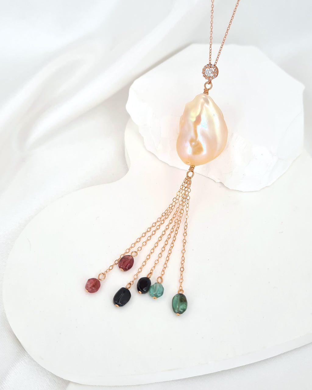Baroque Pearl Tassel Necklace Rose Gold Filled Pearl and Gemstone Necklace