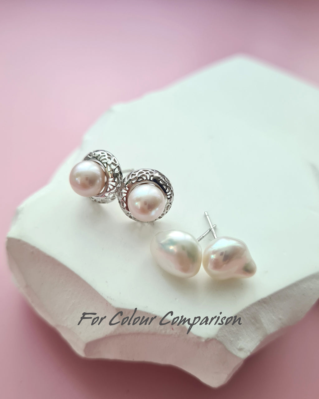 White Freshwater Pearl Earrings with Filigree Silver Studs, Pearl Jewelry in Singapore