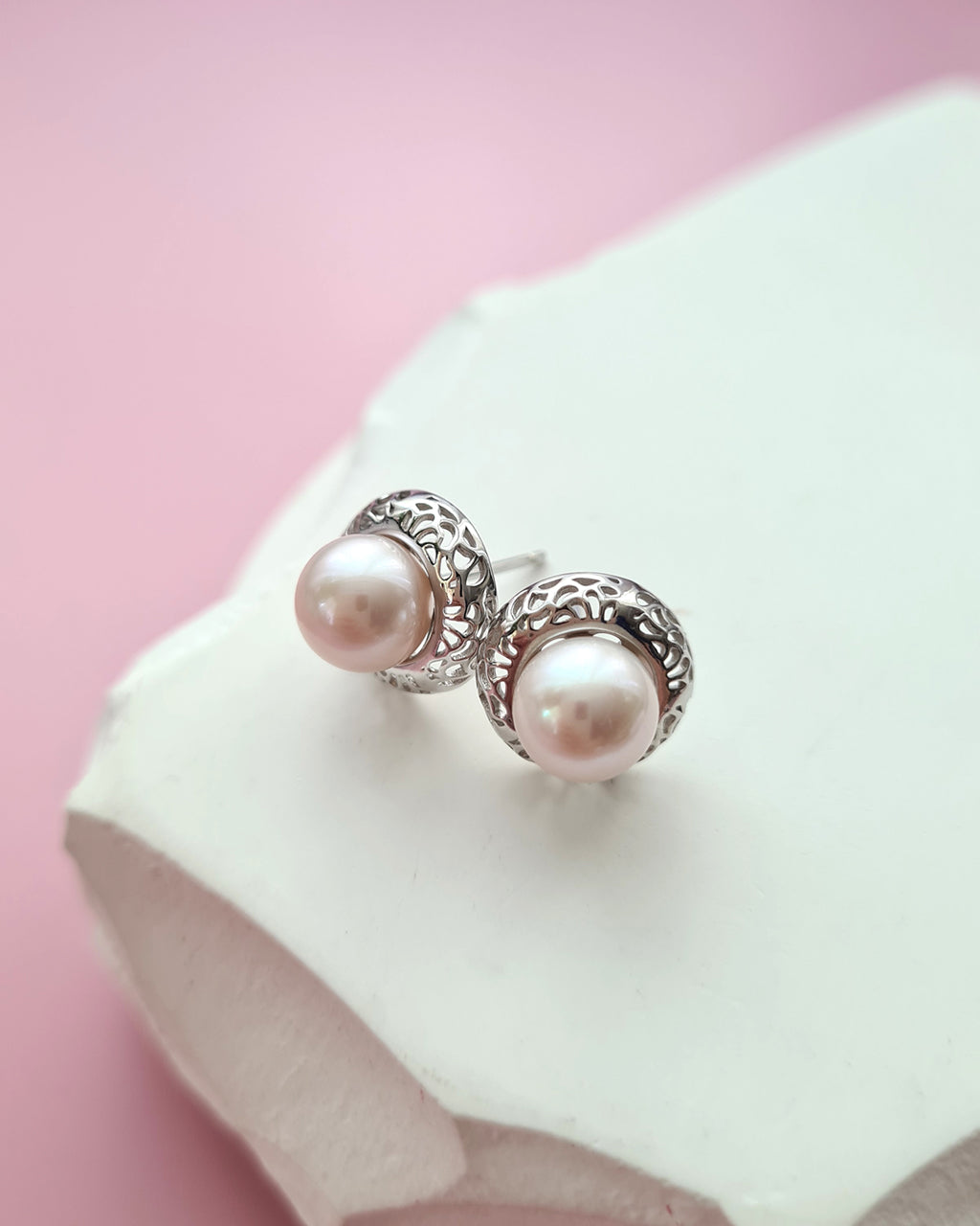 White Freshwater Pearl Earrings with Filigree Silver Studs, Pearl Jewelry in Singapore