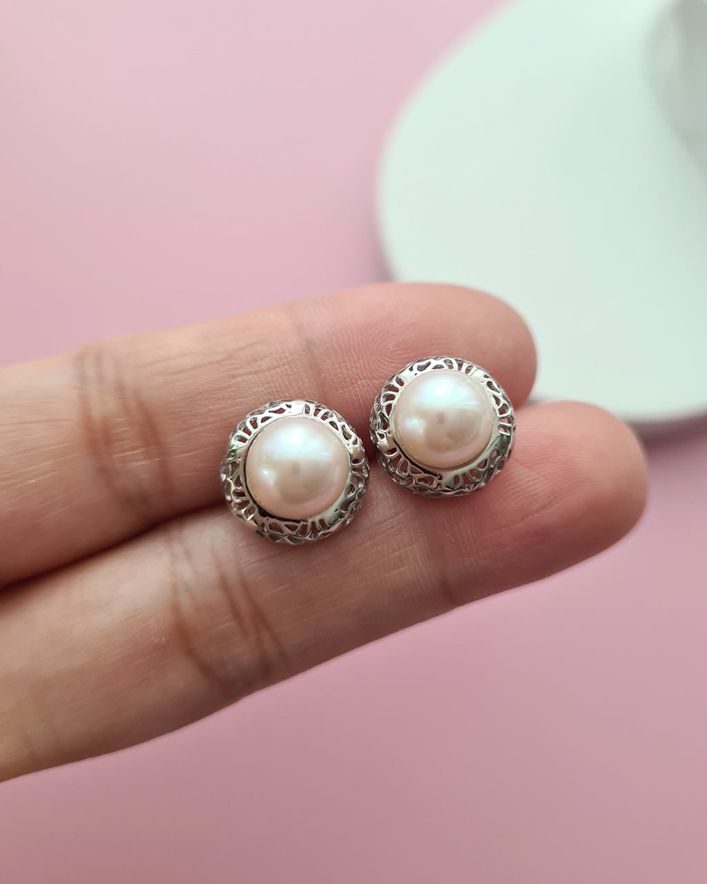 White Freshwater Pearl Earrings with Filigree Silver Studs, Pearl Jewelry in Singapore