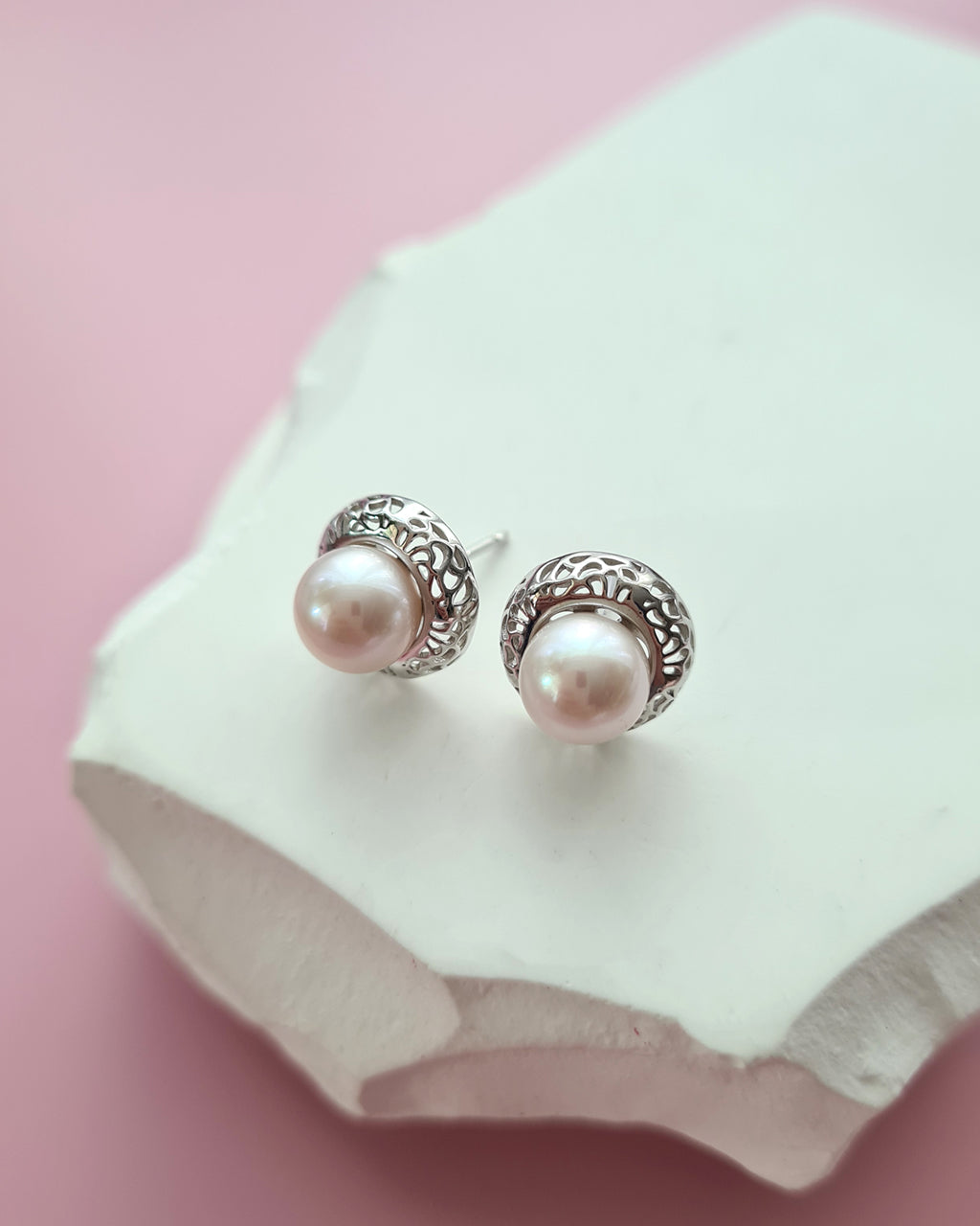 White Freshwater Pearl Earrings with Filigree Silver Studs, Pearl Jewelry in Singapore