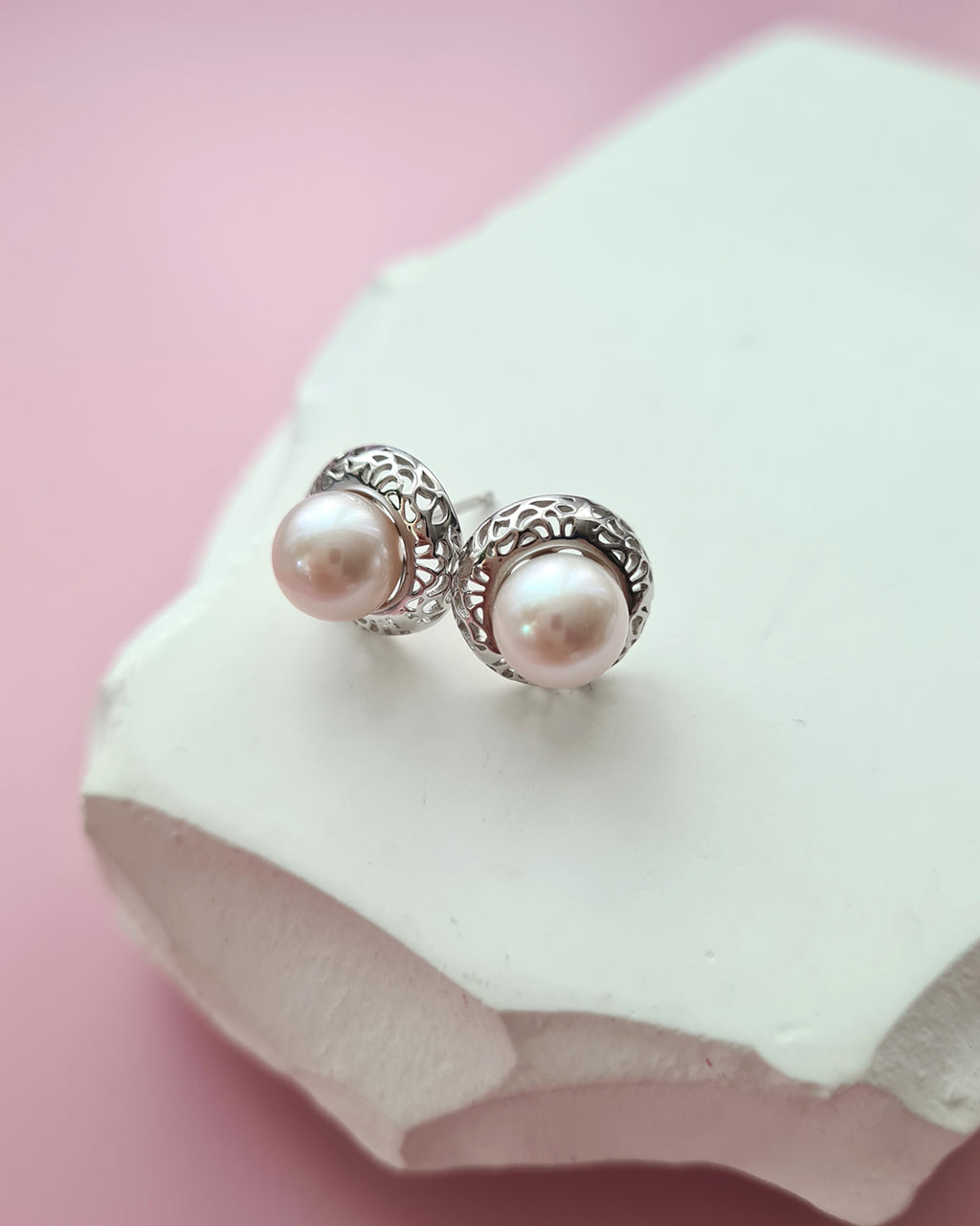 White Freshwater Pearl Earrings with Filigree Silver Studs, Pearl Jewelry in Singapore