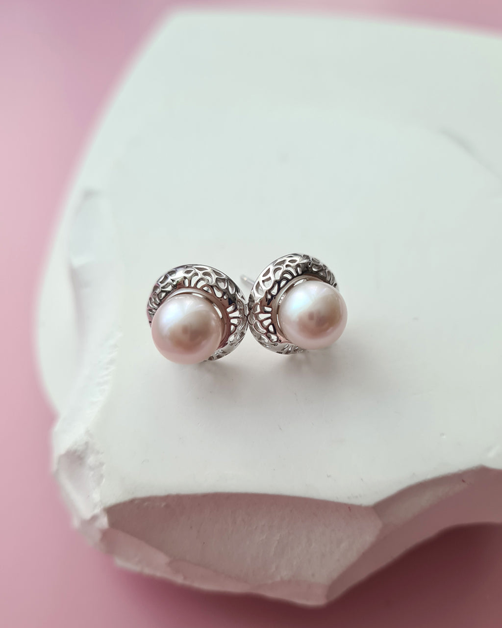 White Freshwater Pearl Earrings with Filigree Silver Studs, Pearl Jewelry in Singapore