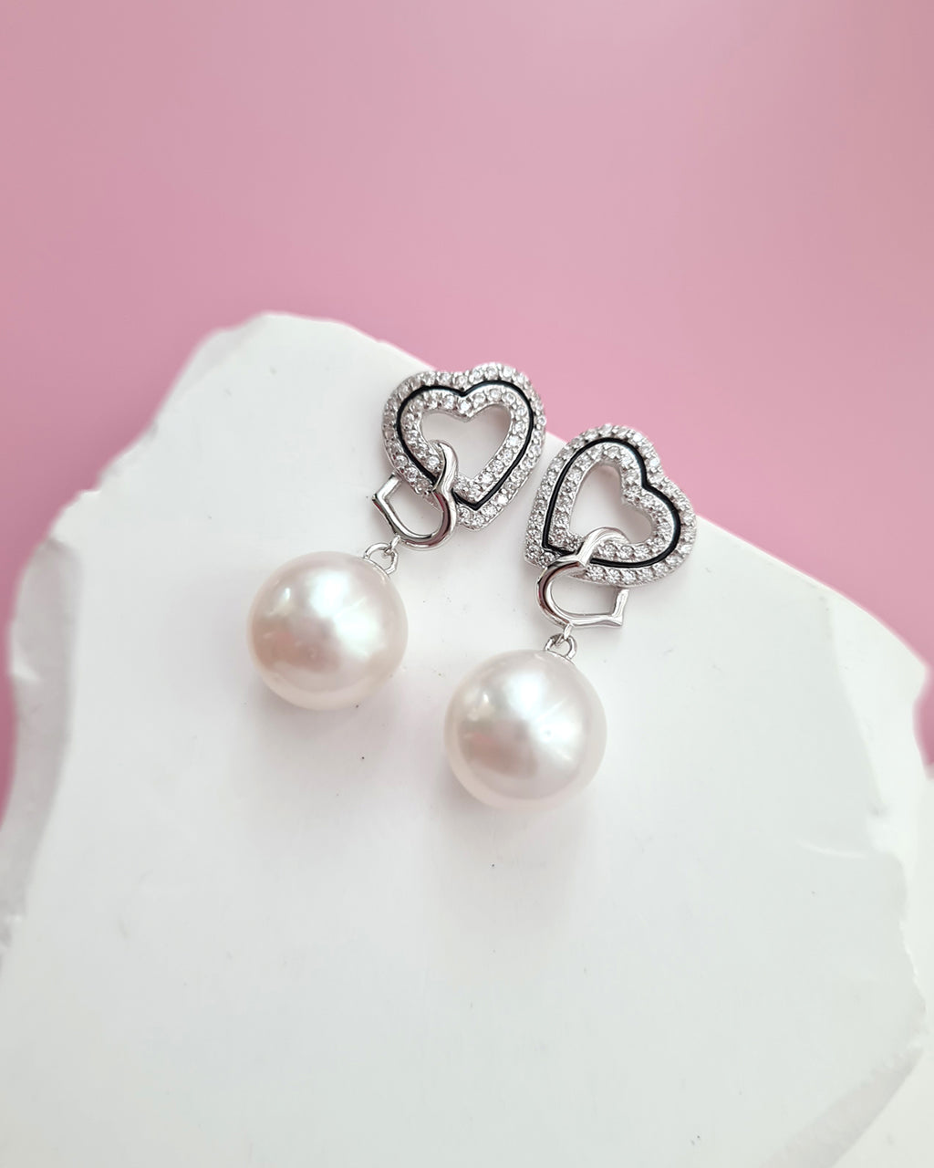 Freshwater Pearl Double Heart Earrings - 10.5mm Pearl Jewelry in Singapore