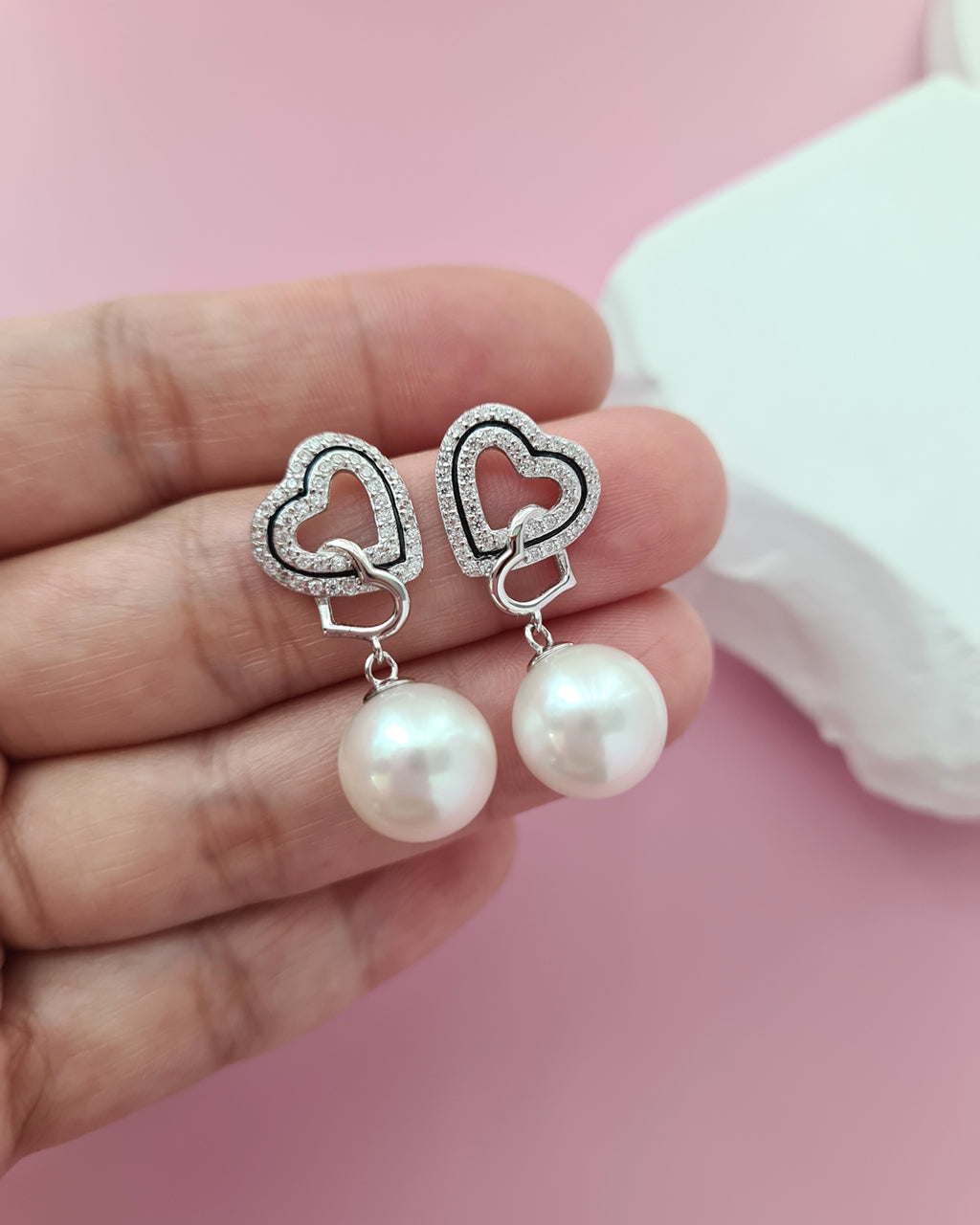 Freshwater Pearl Double Heart Earrings - 10.5mm Pearl Jewelry in Singapore