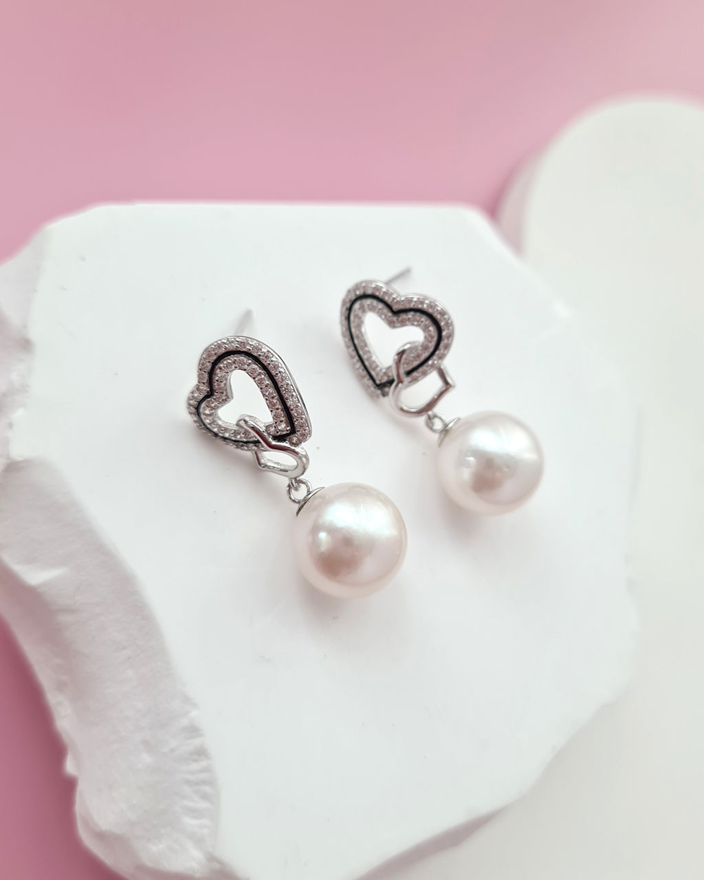 Freshwater Pearl Double Heart Earrings - 10.5mm Pearl Jewelry in Singapore