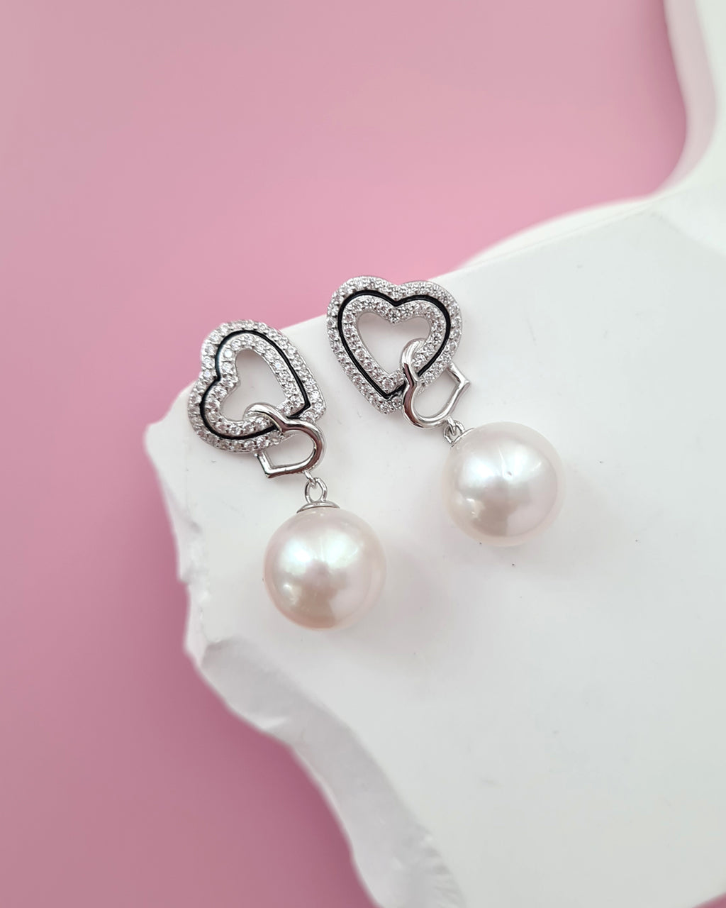 Freshwater Pearl Double Heart Earrings - 10.5mm Pearl Jewelry in Singapore