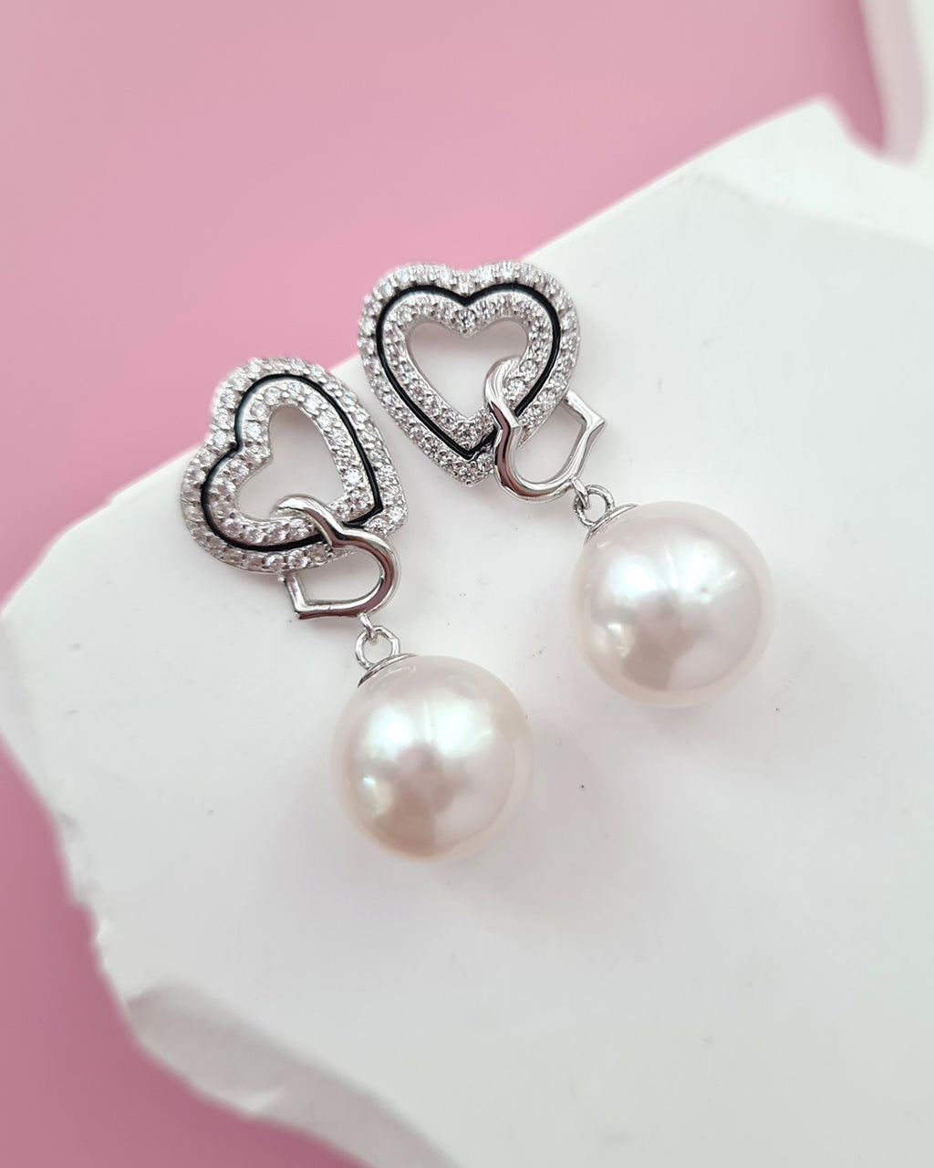 Freshwater Pearl Double Heart Earrings - 10.5mm Pearl Jewelry in Singapore