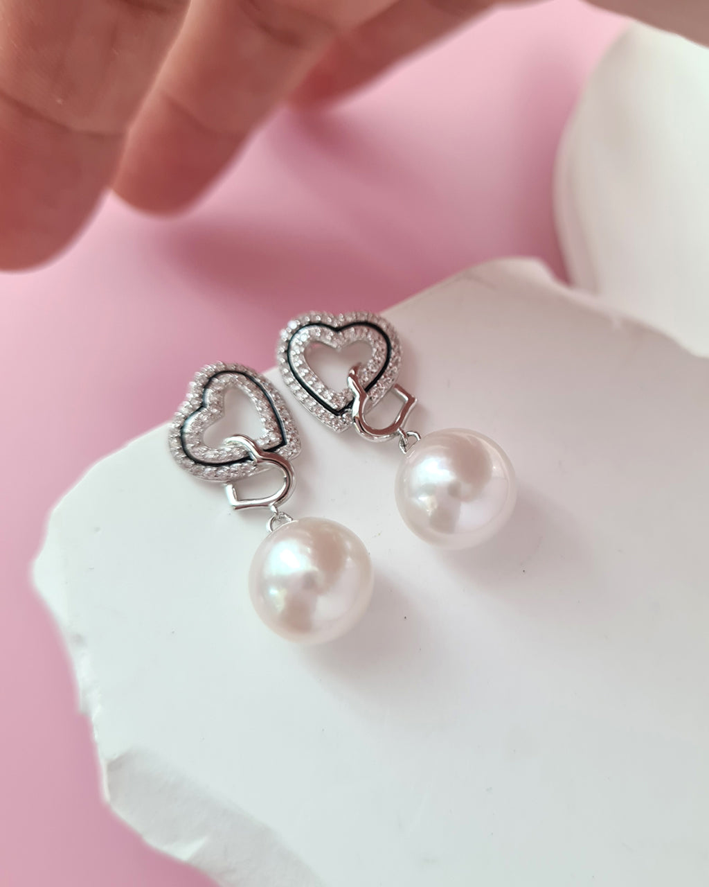 Freshwater Pearl Double Heart Earrings - 10.5mm Pearl Jewelry in Singapore