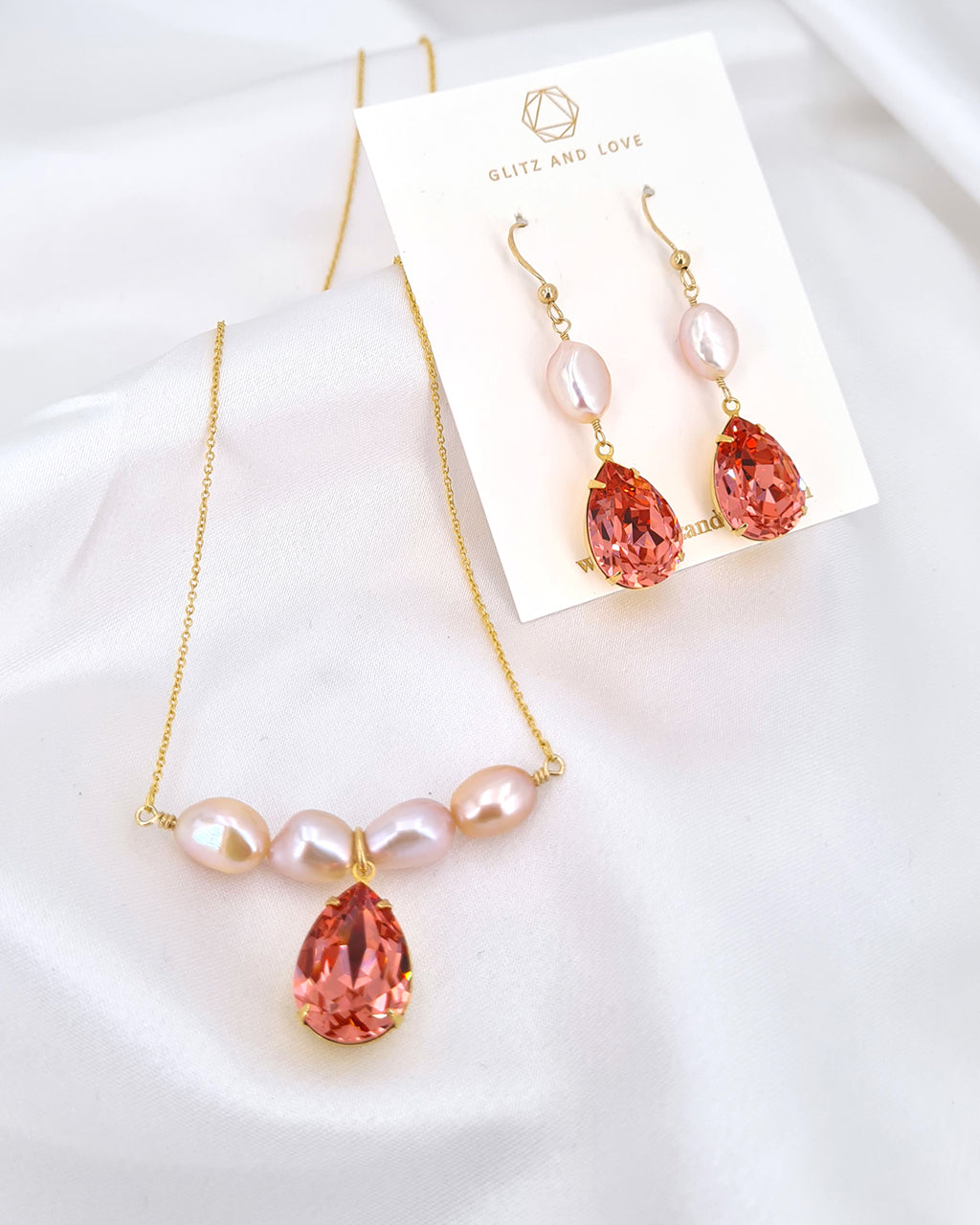 Peach Pink Crystal and Pearl Earrings & Necklace Set