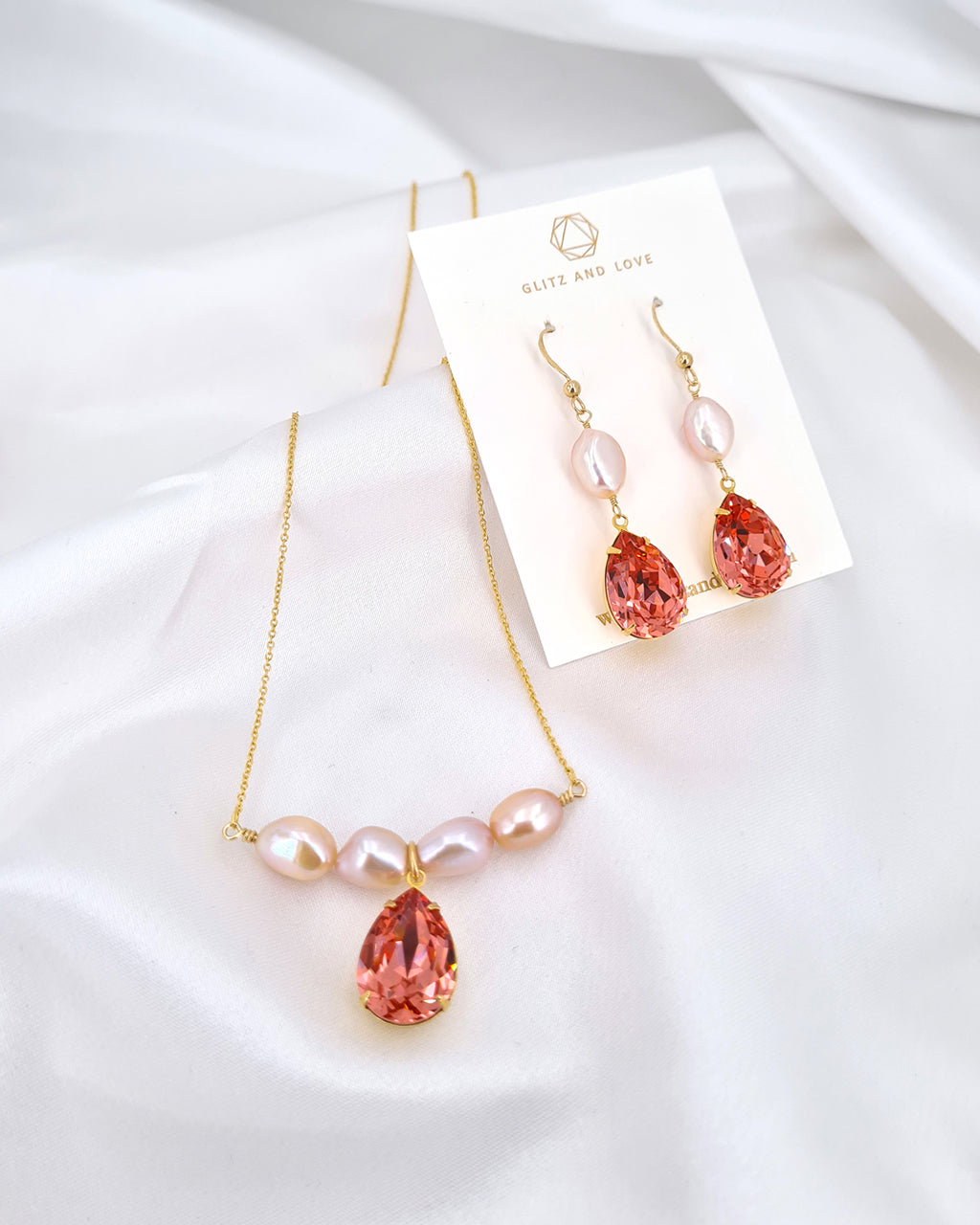Peach Pink Crystal and Pearl Earrings & Necklace Set