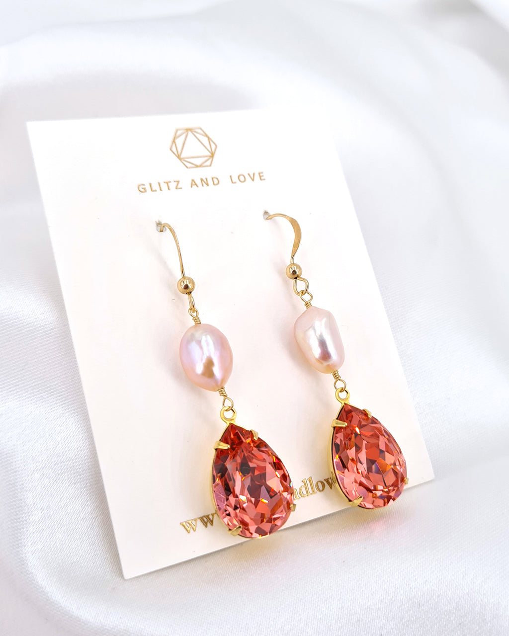 Peach Pink Crystal and Pearl Earrings & Necklace Set