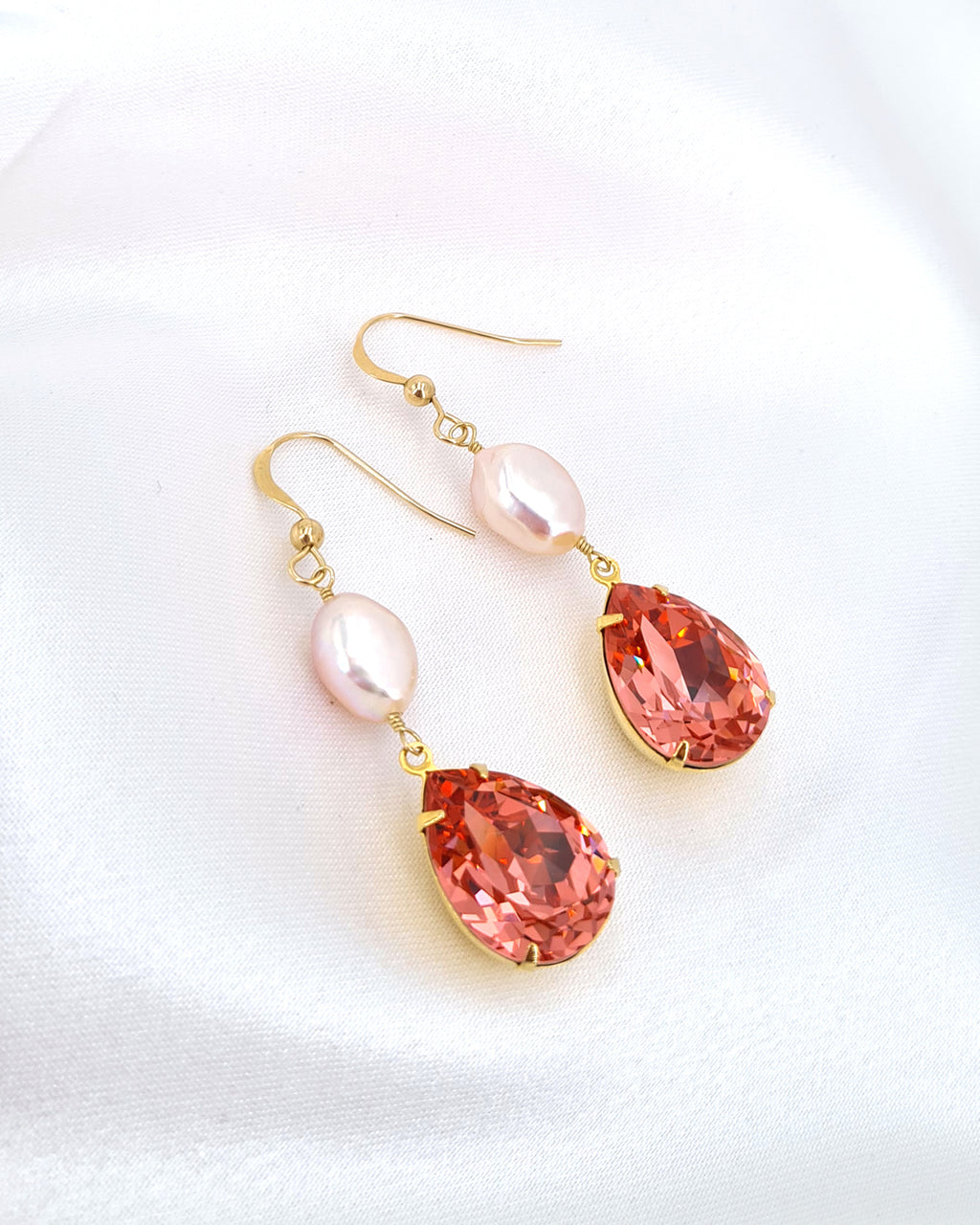 Peach Pink Crystal and Pearl Earrings & Necklace Set