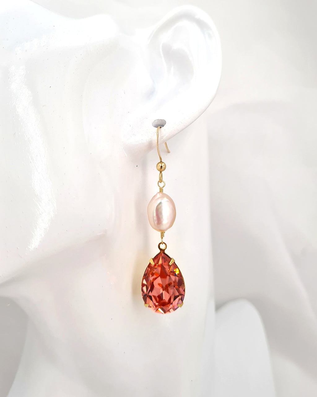 Peach Pink Crystal and Pearl Earrings & Necklace Set