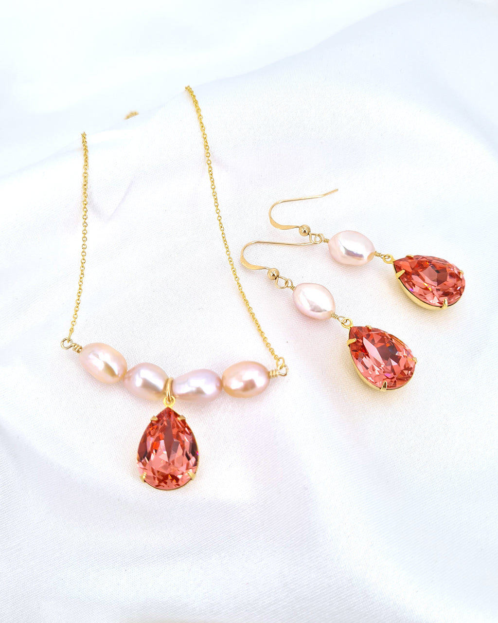 Peach Pink Crystal and Pearl Earrings & Necklace Set