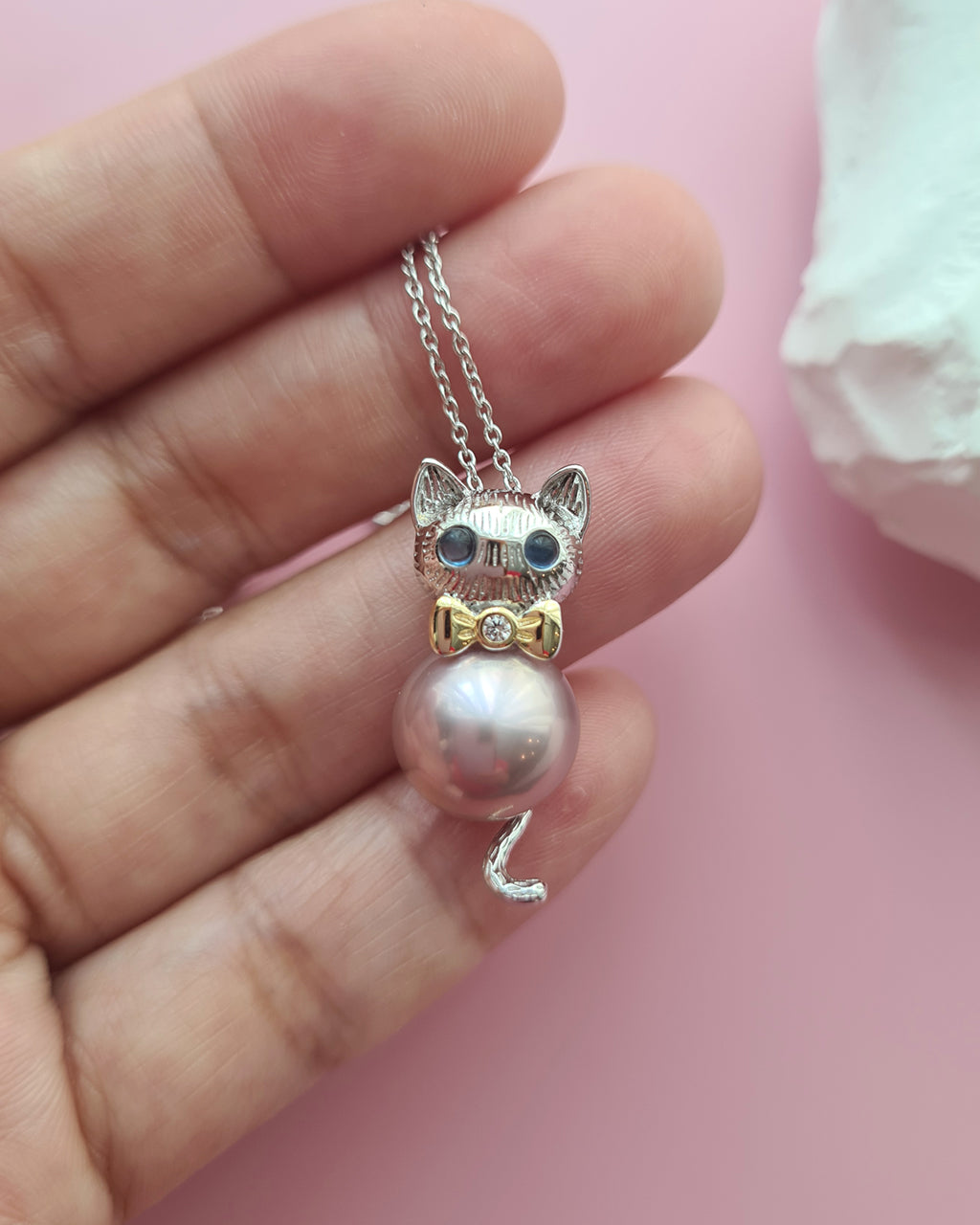 Cute Kitten Cat Pink Edison Pearl Pendant Necklace - Sterling Silver Jewelry Gifts for Cat lovers Girls Singapore