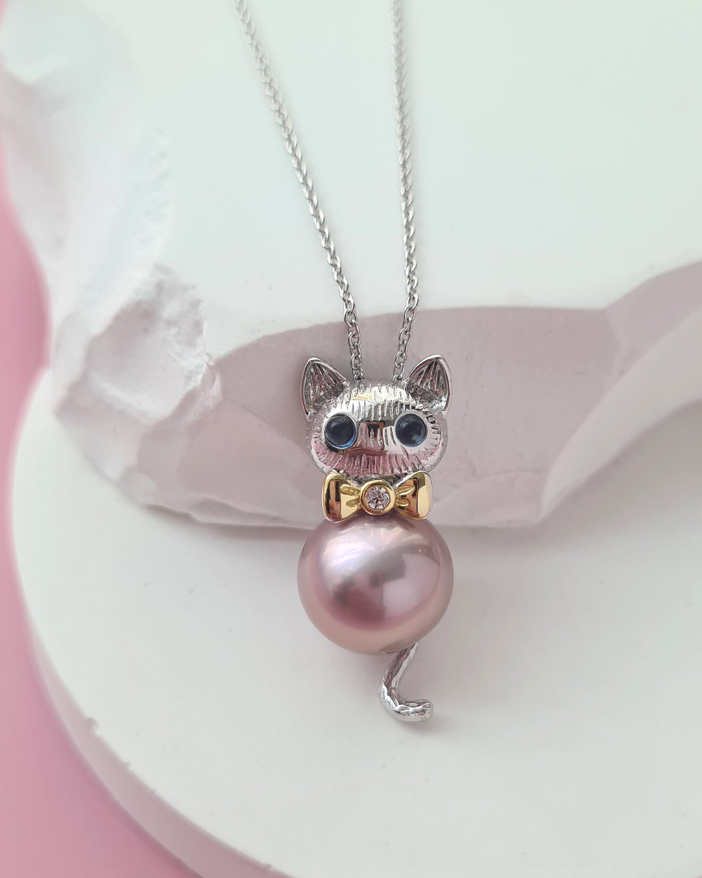 Cute Kitten Cat Pink Edison Pearl Pendant Necklace - Sterling Silver Jewelry Gifts for Cat lovers Girls Singapore