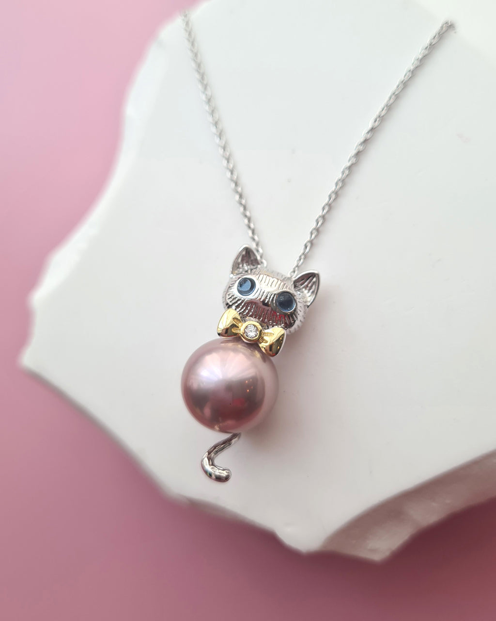 Cute Kitten Cat Pink Edison Pearl Pendant Necklace - Sterling Silver Jewelry Gifts for Cat lovers Girls Singapore