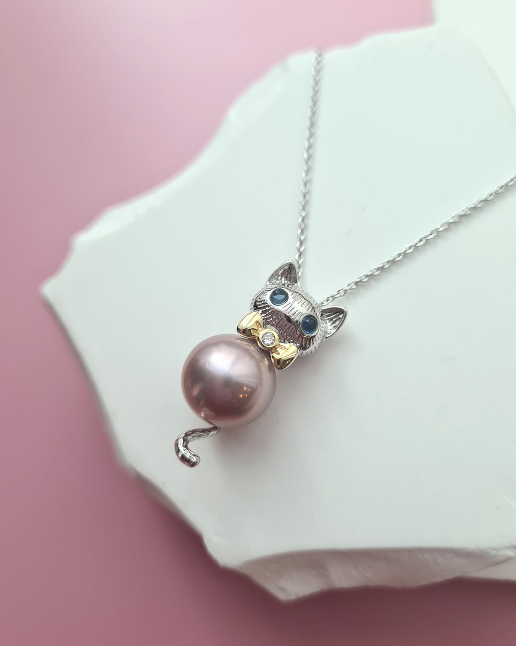 Cute Kitten Cat Pink Edison Pearl Pendant Necklace - Sterling Silver Jewelry Gifts for Cat lovers Girls Singapore