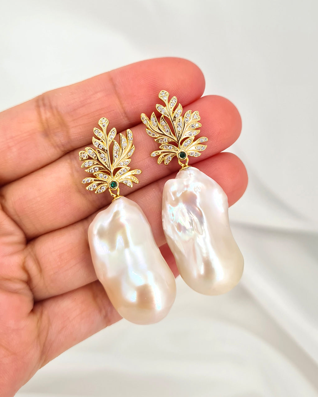 Large White Baroque Pearl Earrings Feathery Leaf Gold Earrings Glitz And Love