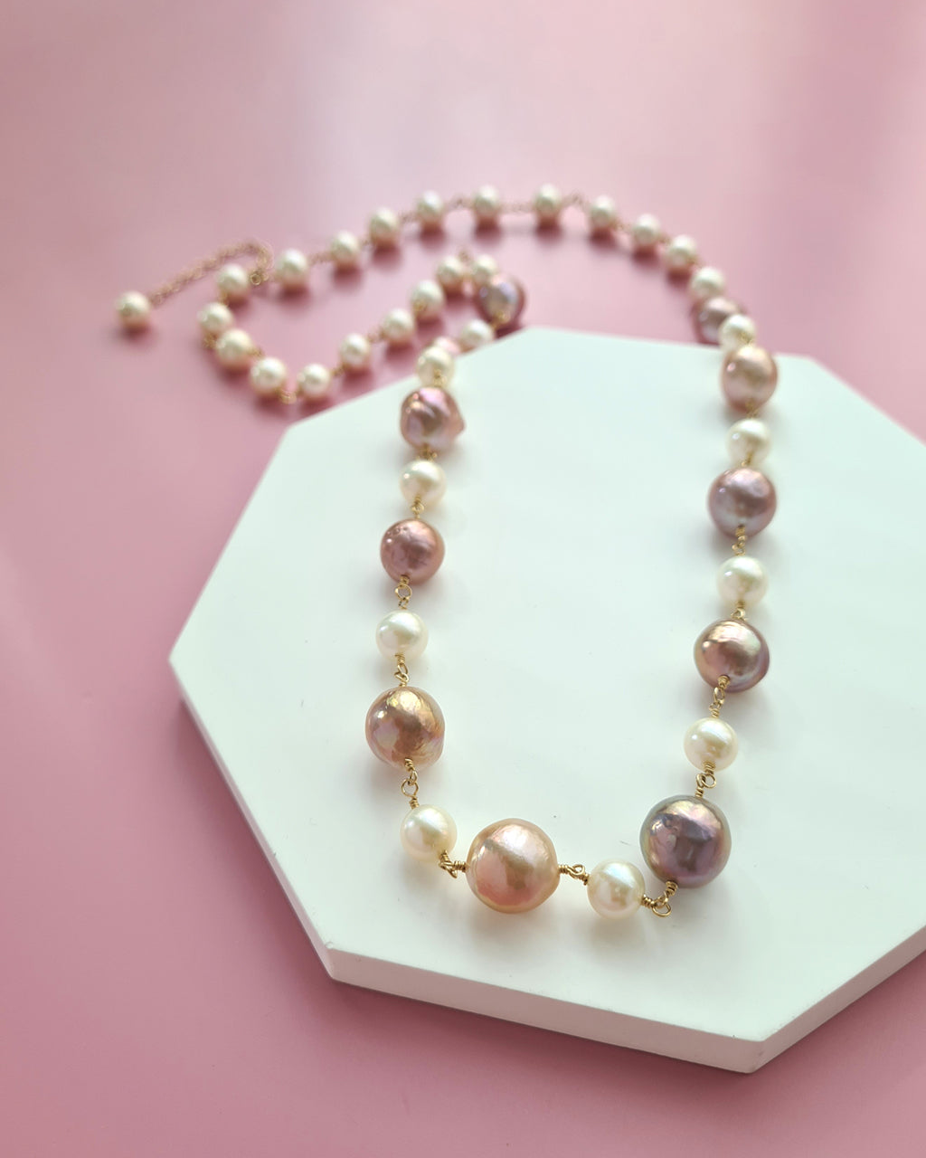Metallic Purple Edison Pearl and White Pearl Necklace, Handmade Modern Pearl Jewelry in Singapore
