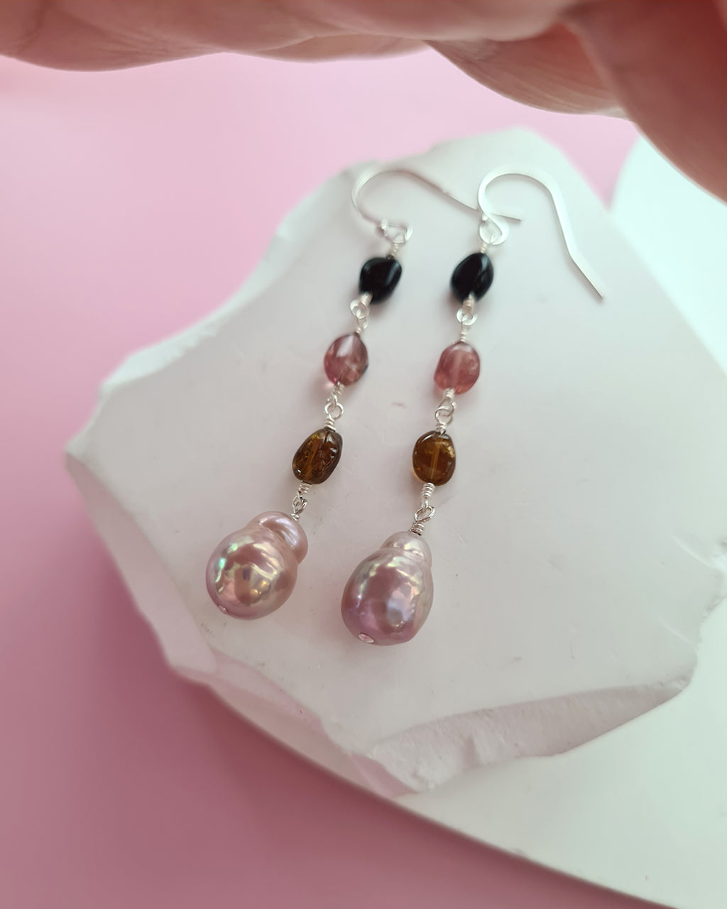 Metallic Baroque Pearl Earrings with Tourmaline Beads, Sterling Silver Pearl Jewelry in Singapore