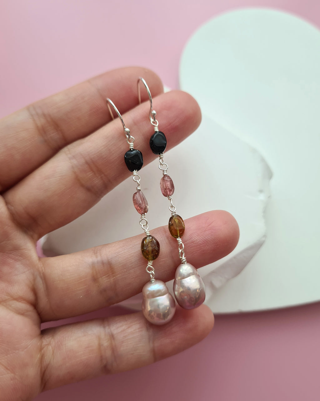 Metallic Baroque Pearl Earrings with Tourmaline Beads, Sterling Silver Pearl Jewelry in Singapore