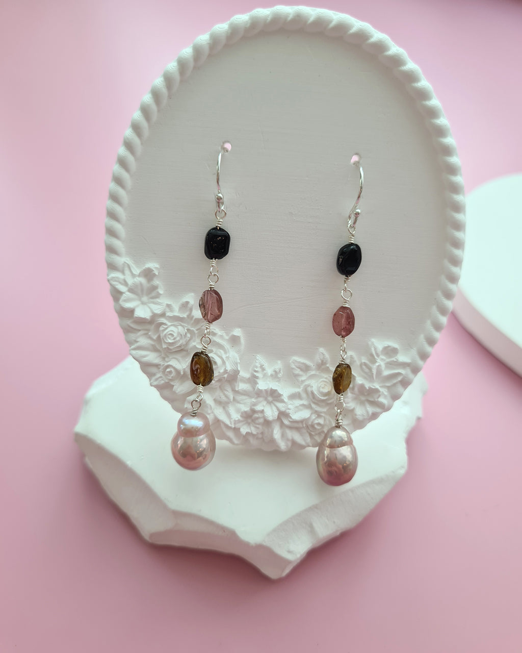 Metallic Baroque Pearl Earrings with Tourmaline Beads, Sterling Silver Pearl Jewelry in Singapore