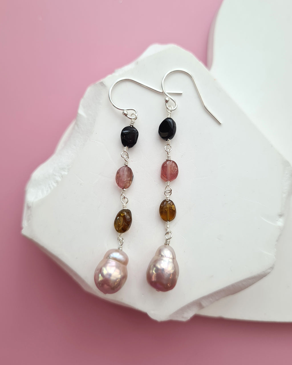 Metallic Baroque Pearl Earrings with Tourmaline Beads, Sterling Silver Pearl Jewelry in Singapore