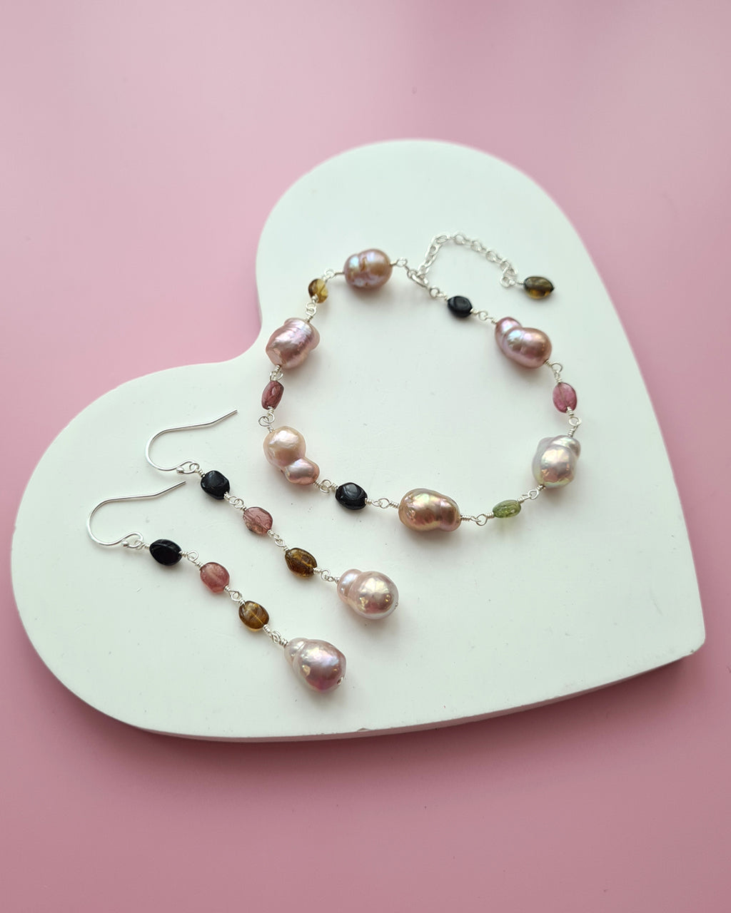 Metallic Baroque Pearl Earrings with Tourmaline Beads, Sterling Silver Pearl Jewelry in Singapore