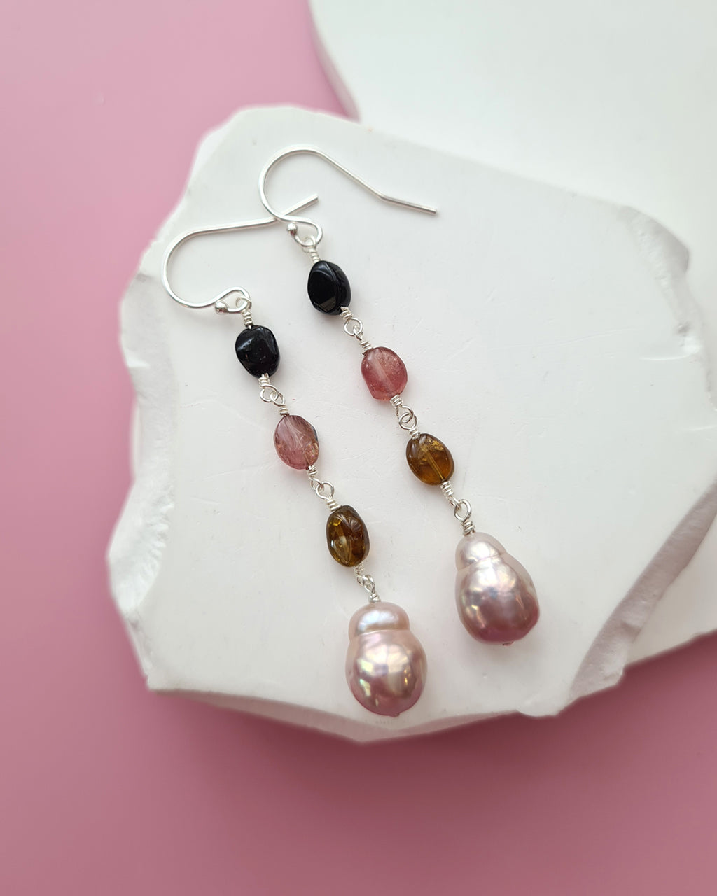 Metallic Baroque Pearl Earrings with Tourmaline Beads, Sterling Silver Pearl Jewelry in Singapore